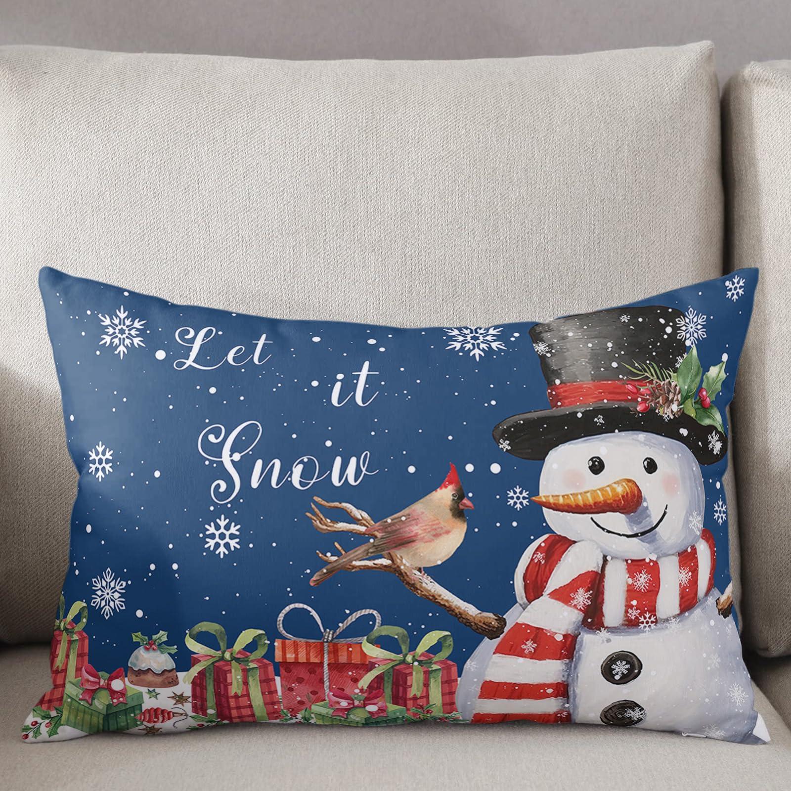 SEVENBABU Christmas Throw Pillow Cover 12x20 Inch Farmhouse Decorative Pillow Covers for Bed Winter Throw Pillowcase Cushion Case for Couch Living Room Christmas Winter Snowman Dark Blue Pillow Covers