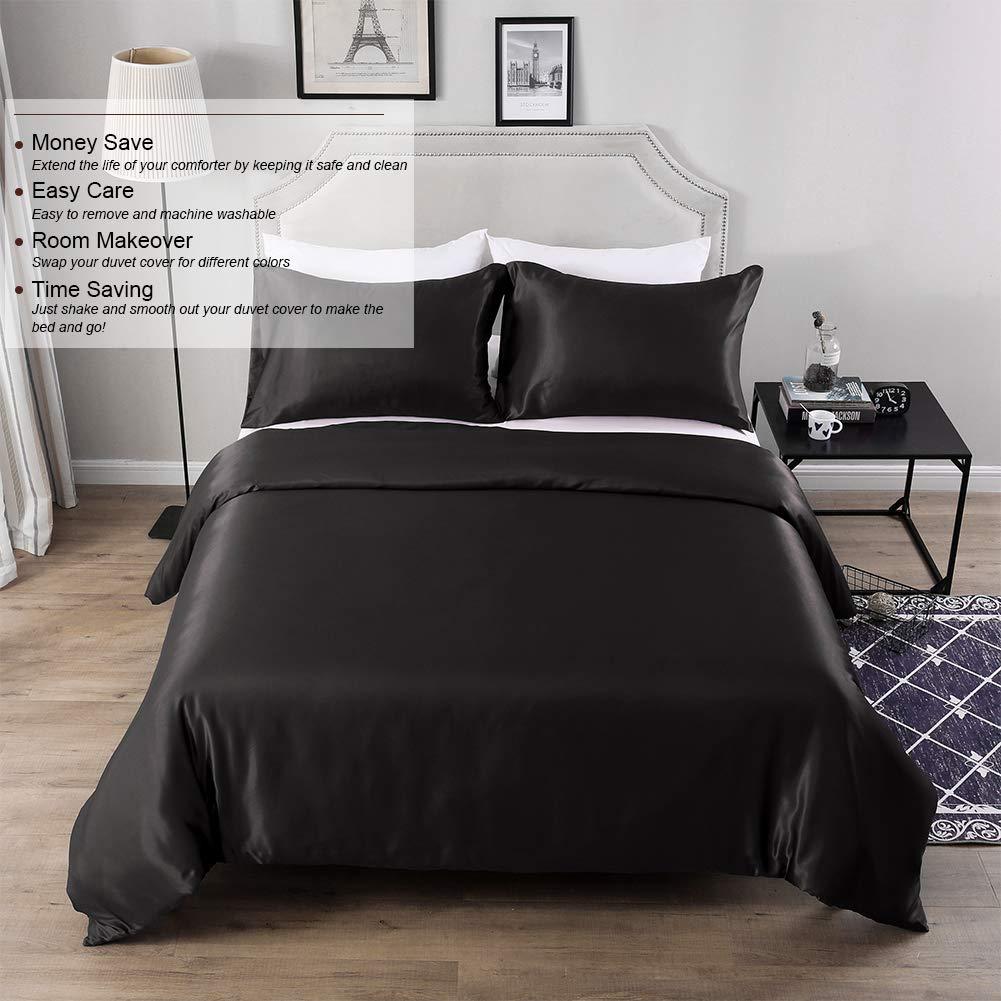 Dawade Store Silk Satin Duvet Cover Set 3 Piece (Duvet Cover + 2 Pillowcases) King Soft Duvet Cover King Size Black Satin Duvet Cover Zipper Closure