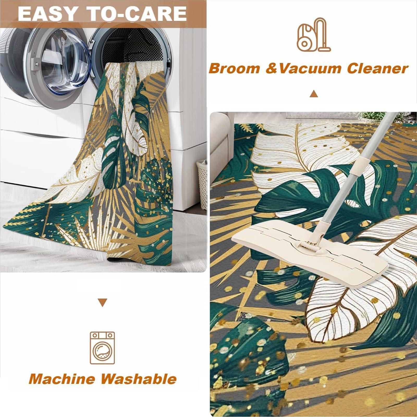 YAFAUJI Tropical Golden Green Palm Leaves Area Rug, Tropical Plant Leaves Home Decor Rug, Easy Clean Carpet with Anti-Slip Backing Durable for Bedroom Living Room Dining Room Office 5x6 ft