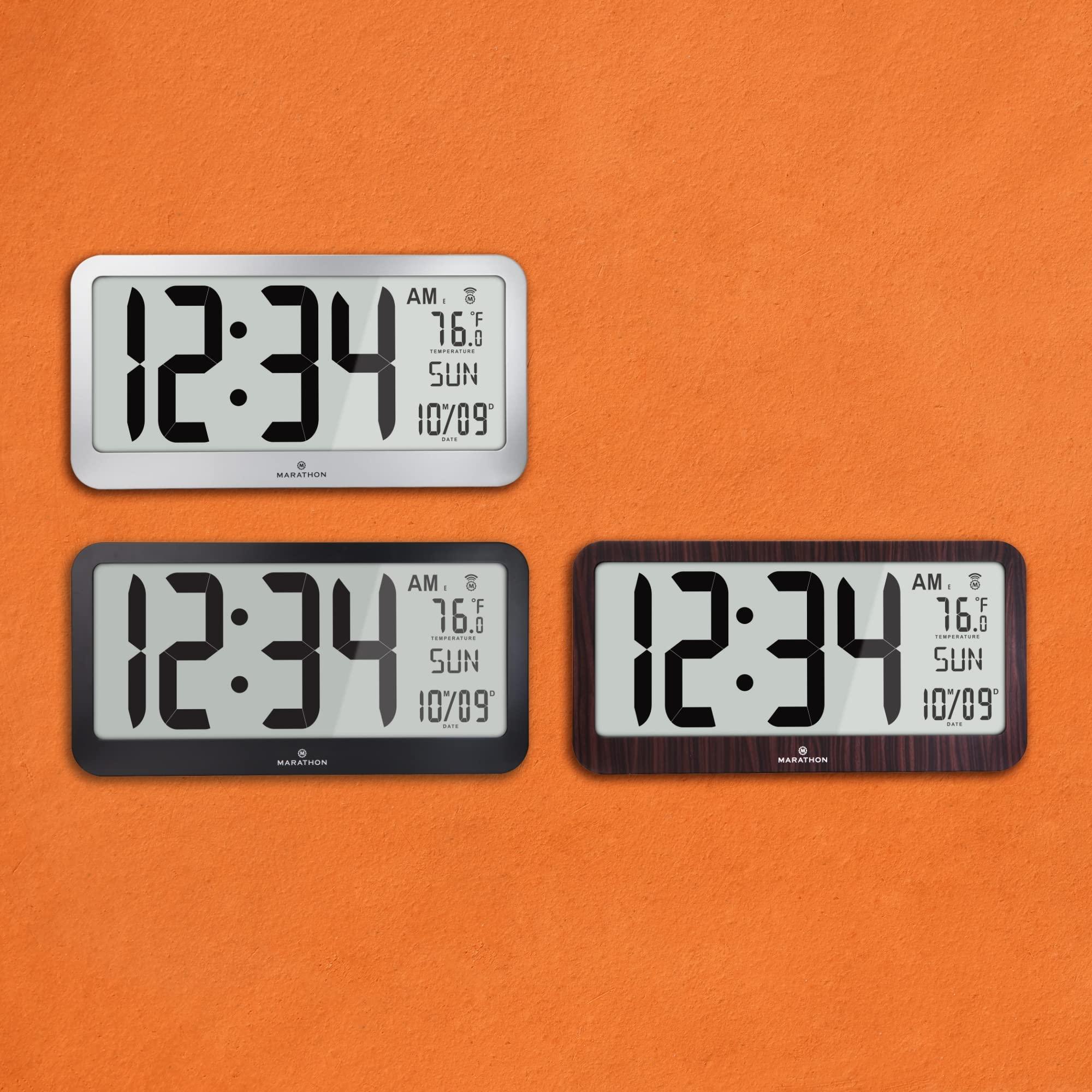 MARATHON Marathon Slim Jumbo Panoramic Atomic Wall Clock with Date and Indoor Temperature. Commercial Grade with Big 6-Inch Numbers, Alarm and Table Stand. Batteries Included (Graphite Grey)