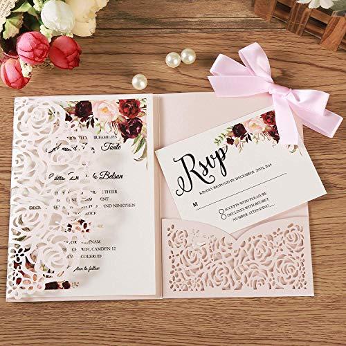 KUCHYNEE KUCHYNEE 5.1x7.1 Inch 20PCS Blush Pink Blank Wedding Invitation Kits Laser Cut Hollow Rose Pocket Wedding Invitations with Envelopes For Wedding Quincenera Engagement Invite