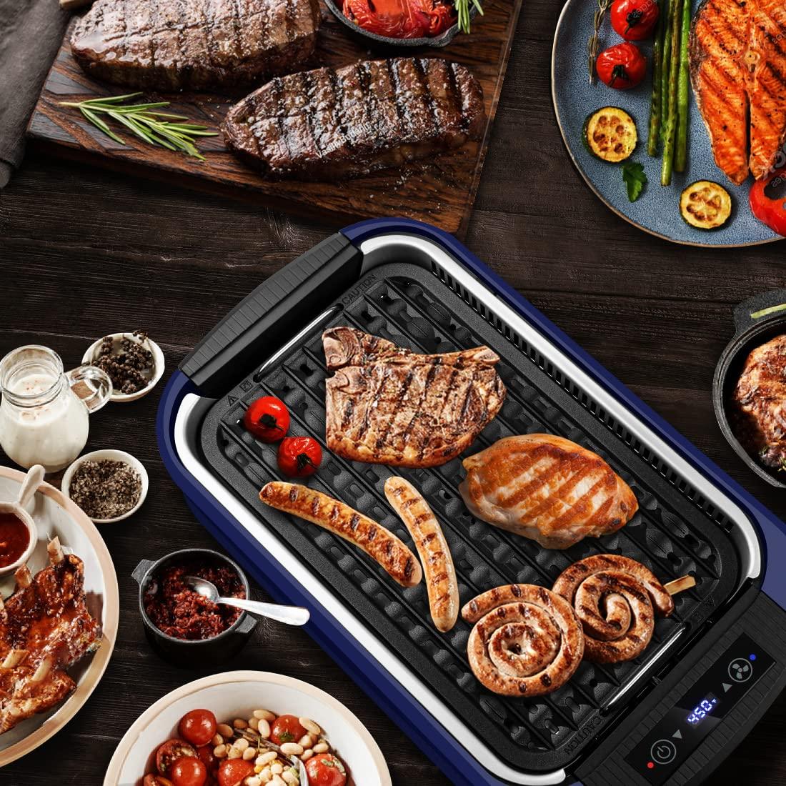 CUSIMAX CUSIMAX Smokeless Grill, 1500W Electric Indoor Grill with LED Smart Display & Tempered Glass Lid, Non-stick Removable Plate, Blue