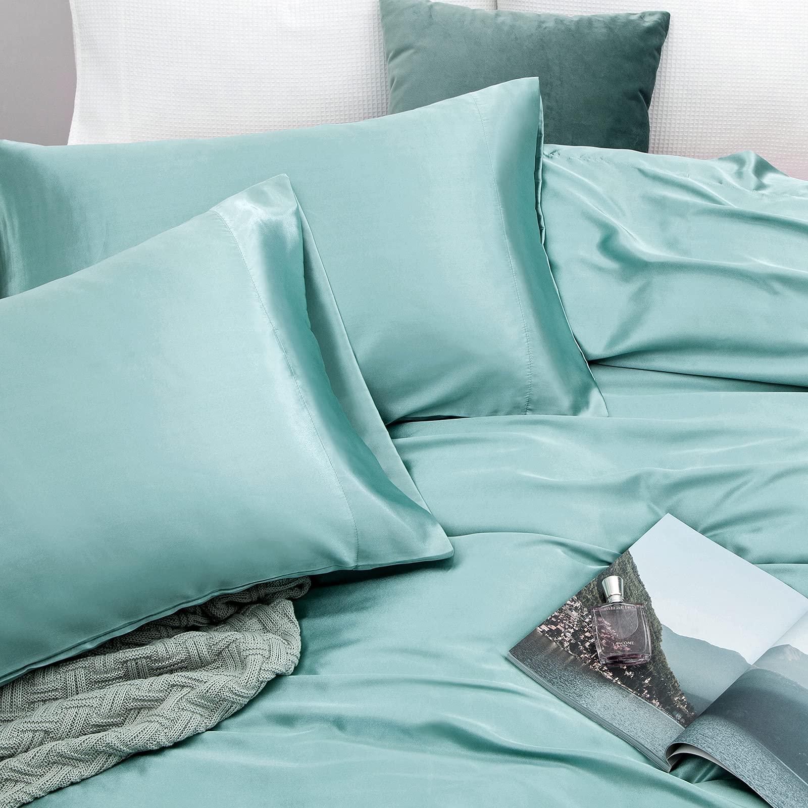 Soft Mercantile Satin Sheets Twin XL Silky Soft Satin Bed Sheets Aqua, 15" Deep Pocket 1 Fitted Sheet + 1 Flat Sheet + 2 Pillowcases