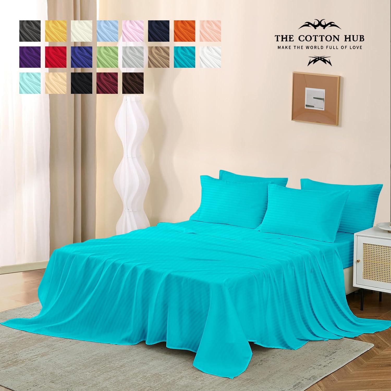 The Cotton Hub Grand King Size 4-Piece Sheet Set 600 Thread Count Peruvian Pima Cotton Bed Sheets fits up to 14-16 inch Deep Pocket (Stripe, Turquoise)