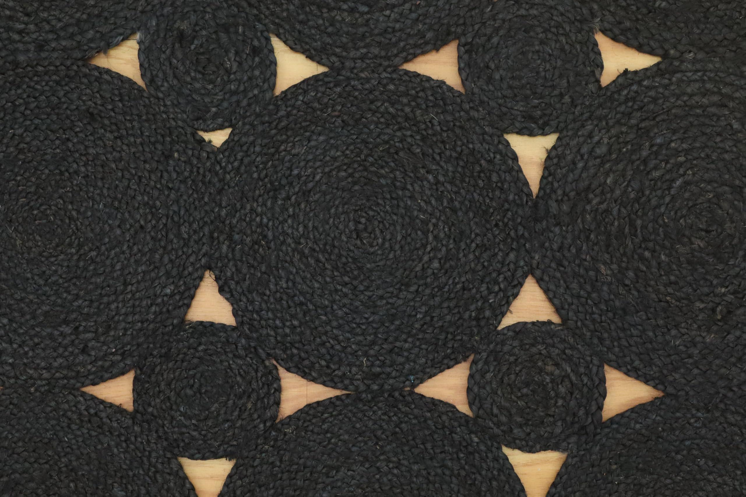 CASAVANI CASAVANI Scalloped Jute Rug Kilim Rug 4' Square Rug Black Hand Braided Jute Cape Cod Design Thick 0.19 inches Flatweave Rug Indoor Outdoor Use Rugs for Kitchen, Bedside, Enterway