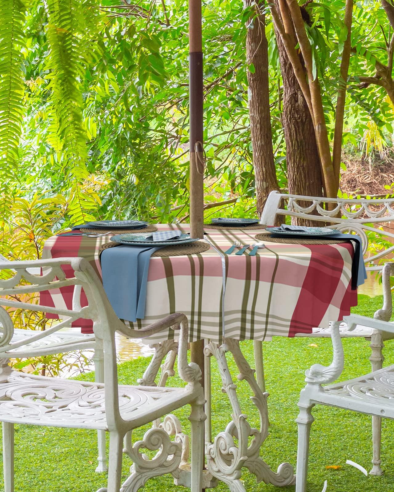 Boanket Boanket Outdoor Tablecloth with Umbrella Hole for Patio/Picnic/Party/Camping, Red Teal Ombre Checkered Waterproof Table Cloth Round Cover Washable, Farmhouse Buffalo Plaid (Dia 60\")