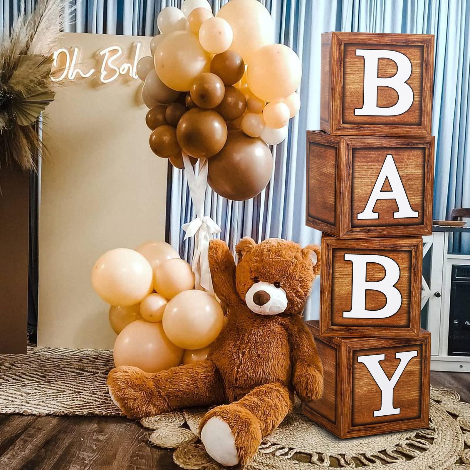 DataMoon DataMoon Teddy Bear Baby Shower Party Decorations - Wood Grain Boxes with Baby Letters, 90PCS Nude and Brown Balloons, Boho Backdrop We Can Bearly Wait for Baby Shower, Gender Reveal,Birthday Party