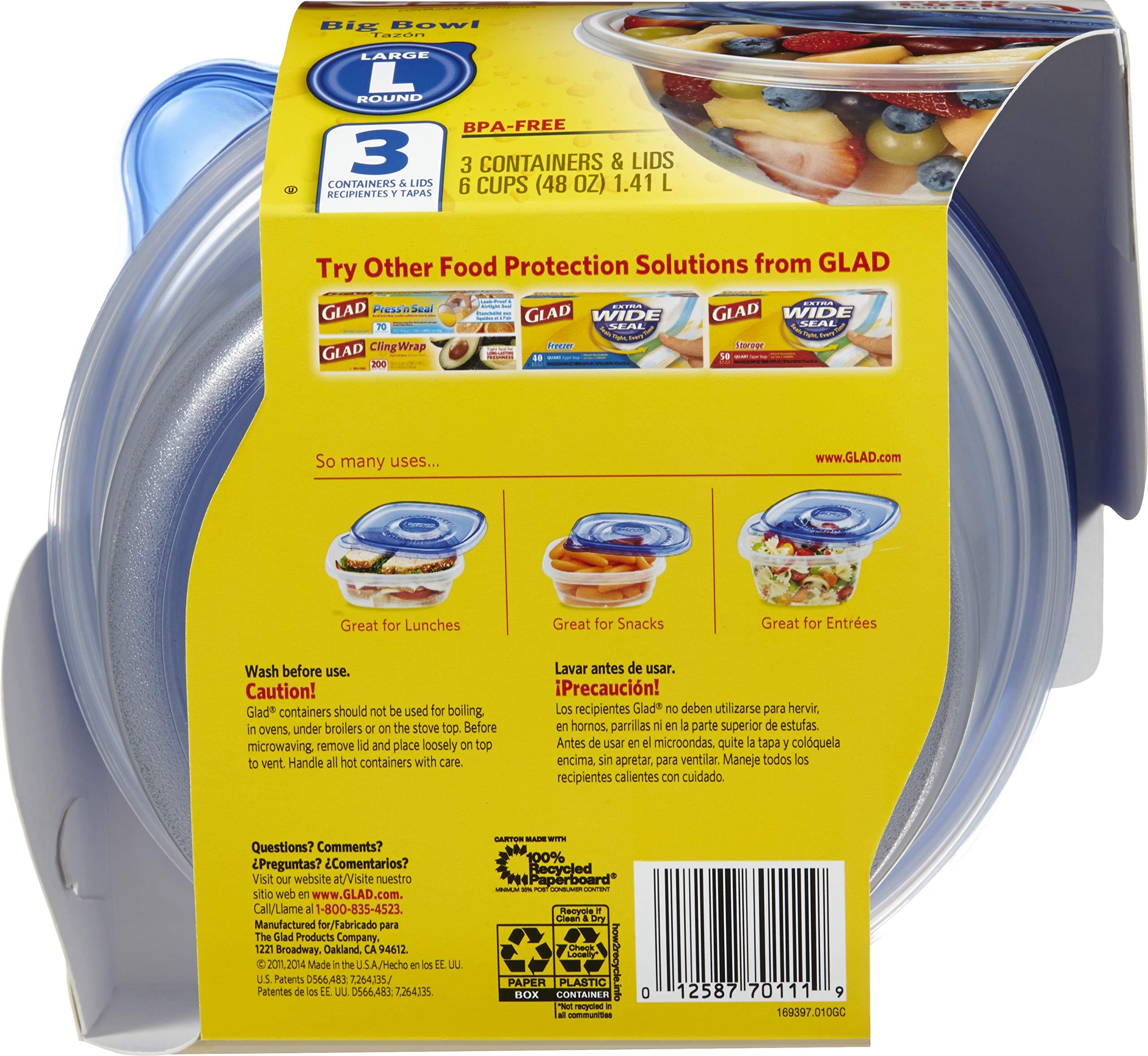 Glad GladWare Big Bowl Food Storage Containers, Large Round Bowl Holds 48 Ounces of Food, 3 Count Set | Glad Food Storage Containers for Everyday Use to Preserve Freshness