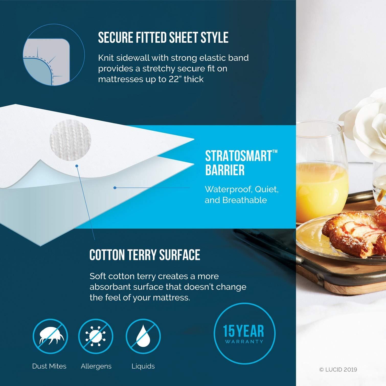 LUCID LUCID Premium Hypoallergenic 100% Waterproof Mattress Protector - Universal Fit, Cotton Terry Top, King