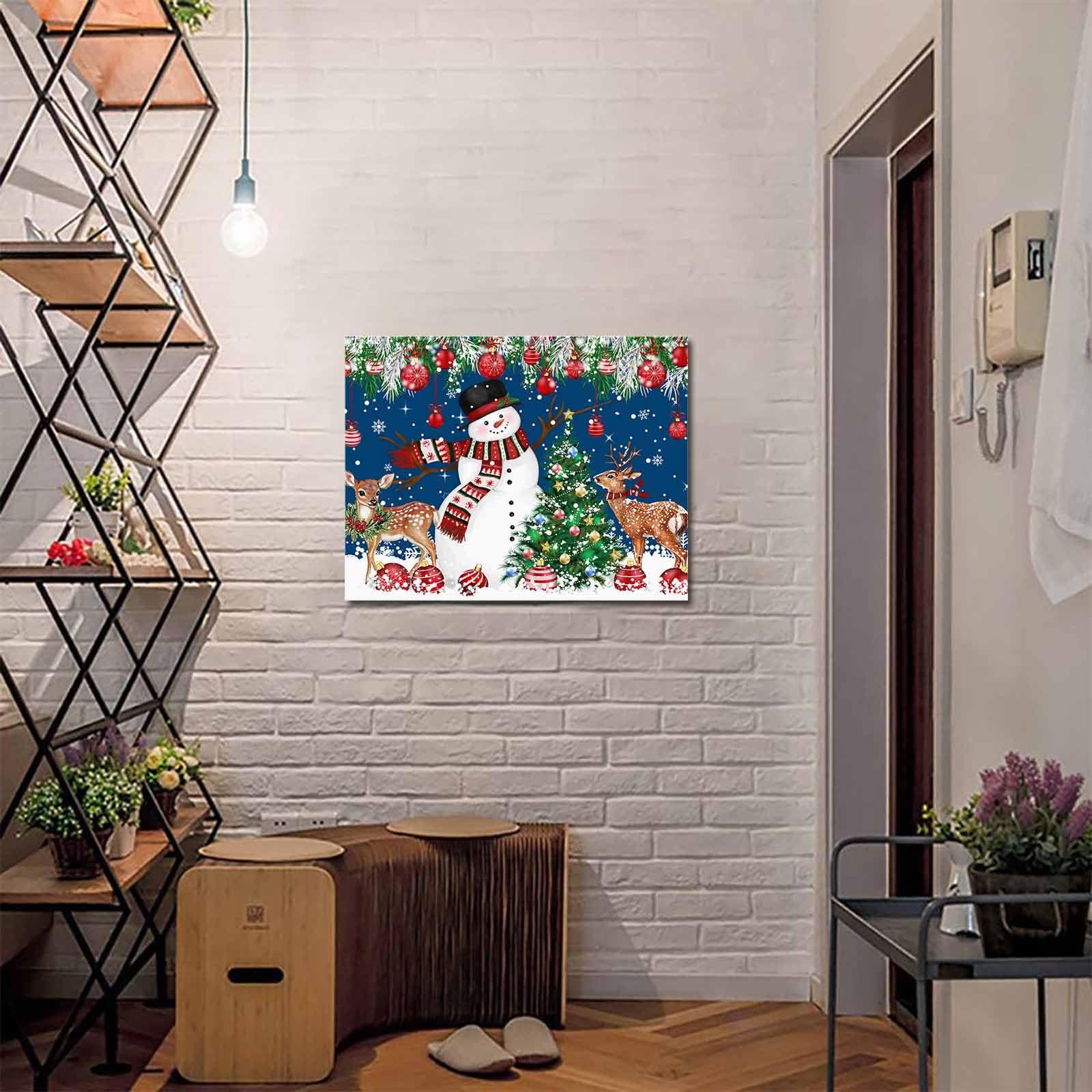Chucoco Christmas Snowman Elk Bell Xmas Tree on Blue Pictures Paintings on Canvas Wall Art Stretched and Framed Ready to Hang for Home Decorations Snow Fir Leaves Artwork Prints 20x24in