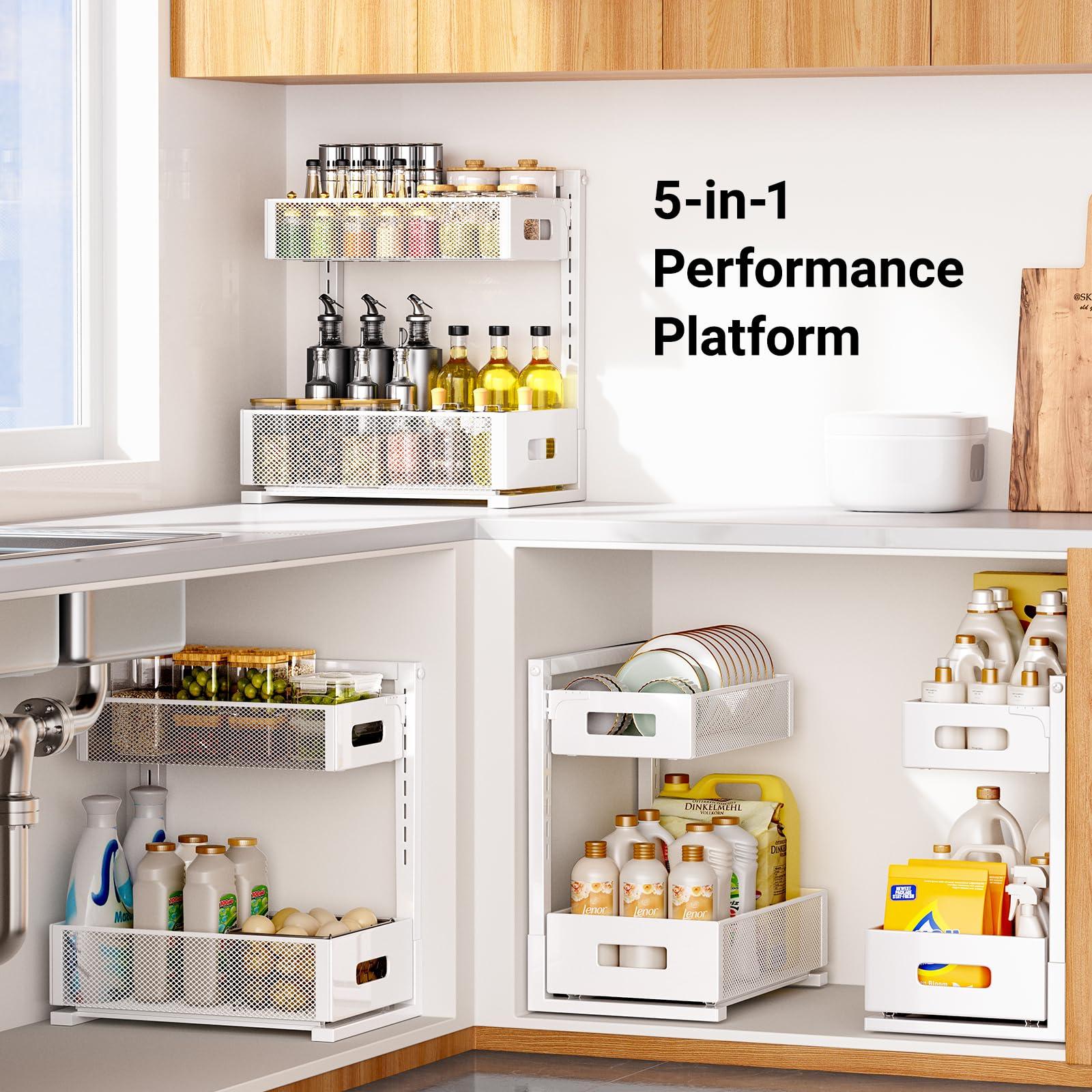 TISTAYA TISTAYA Pull-out Under Kitchen Sink Organizer, Metal Functional Under Sink Organizer, Height Adjustable Under Bathroom Sink Organizer, Under Sink Storage for Kitchen Bathroom Cabinet (White)