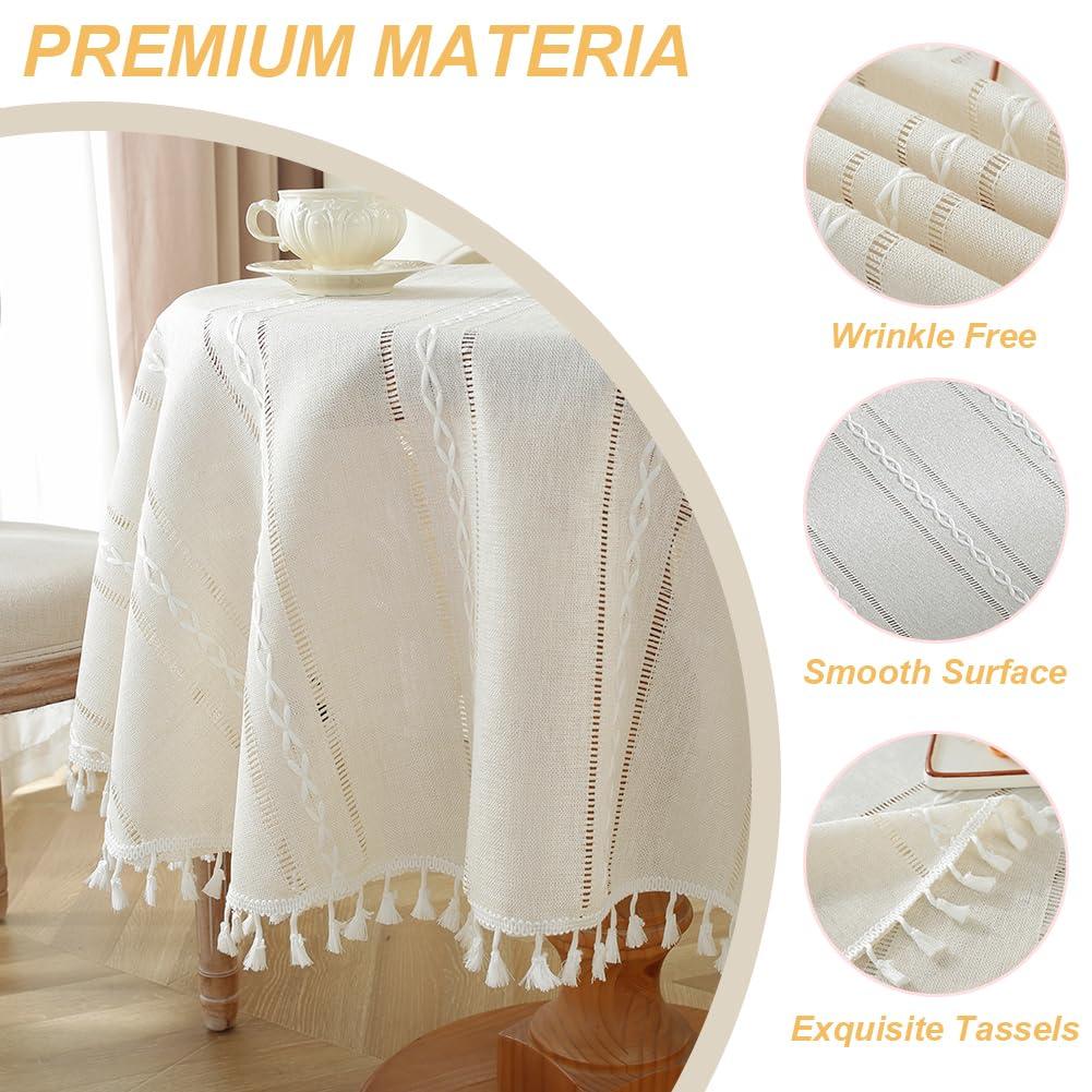 meioro meioro Rustic Table Cloth, White Round 39\" Textured Cotton Linen Fabric Tablecloth with Tassel, Heavy Duty Farmhouse Table Cover Embroidery Stripe Round Tablecloths for Dinning Wedding Party