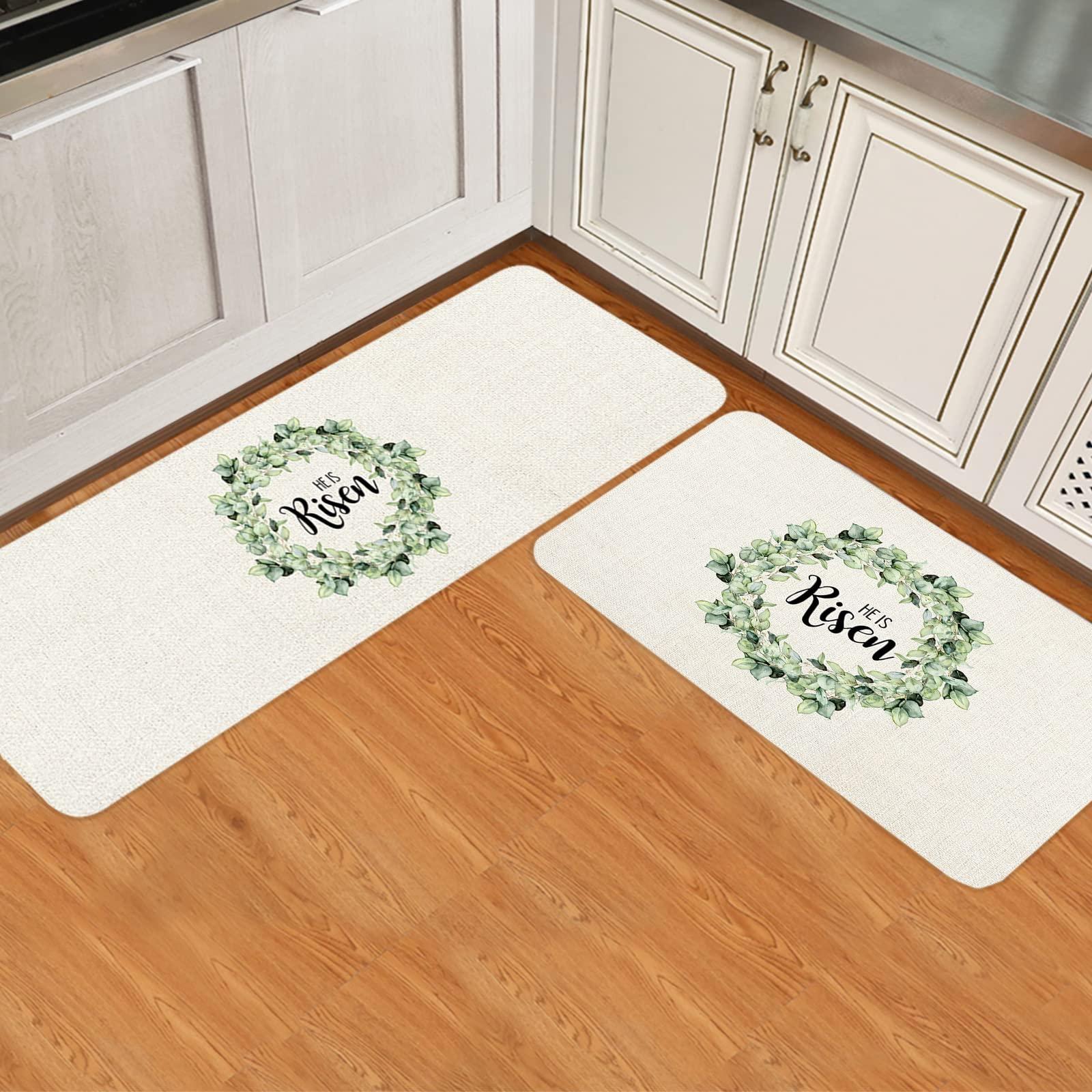 Carosoffe Easter Kitchen Rugs Set of 2 Floor Mats, Spring Eucalyptus Leaf Wreath Burlap Texture Kitchen Rugs and Mats Non Skid, Cushioned Comfort Standing Mats, 16"x24"+16"x48"