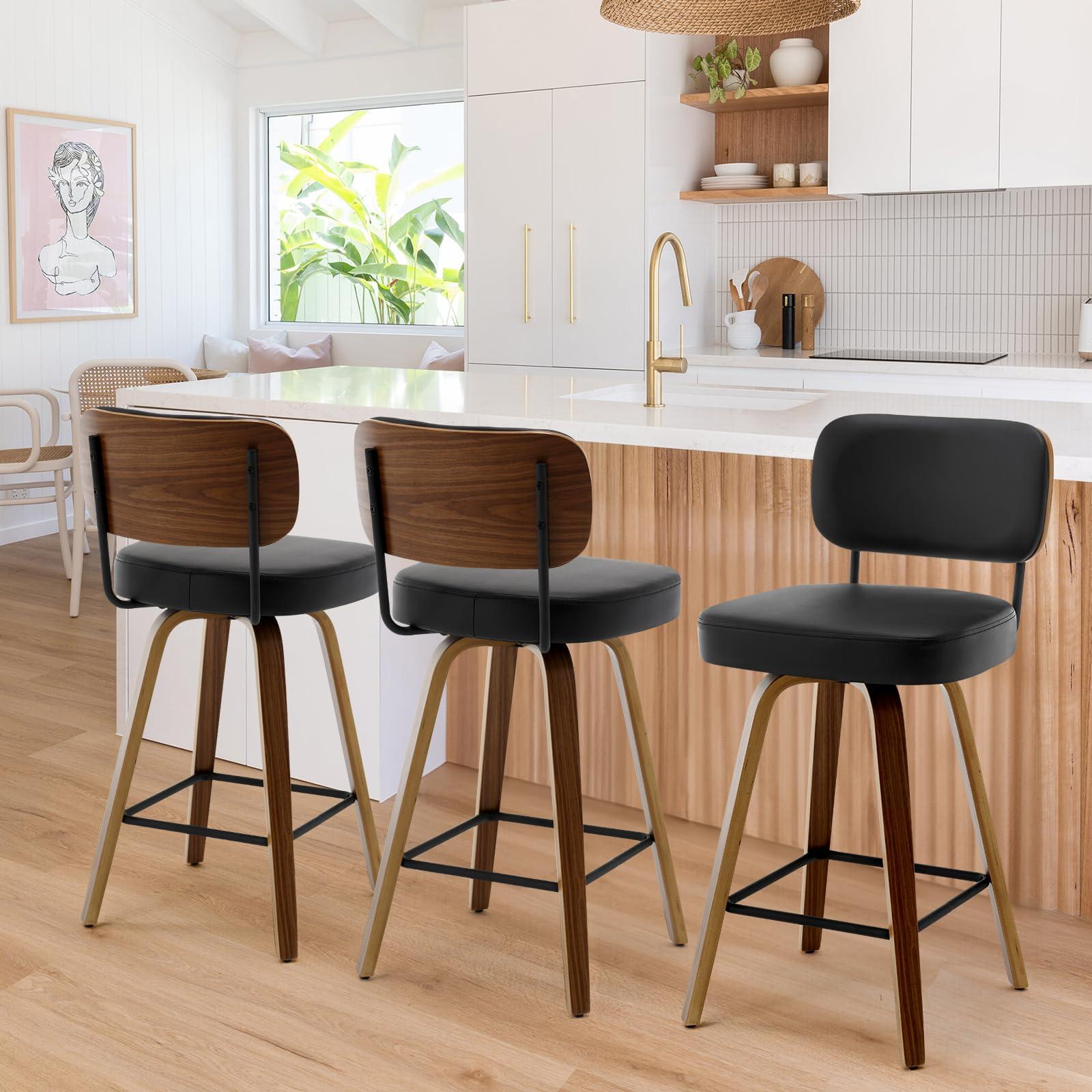 Bekrvio Bekrvio Swivel Counter Height Bar Stools Set of 3, 26\" Upholstered Faux Leather Barstools with Back and Bent Wood Legs, Mid Century Modern Bar Chair Island Stool for Kitchen Counter, Black