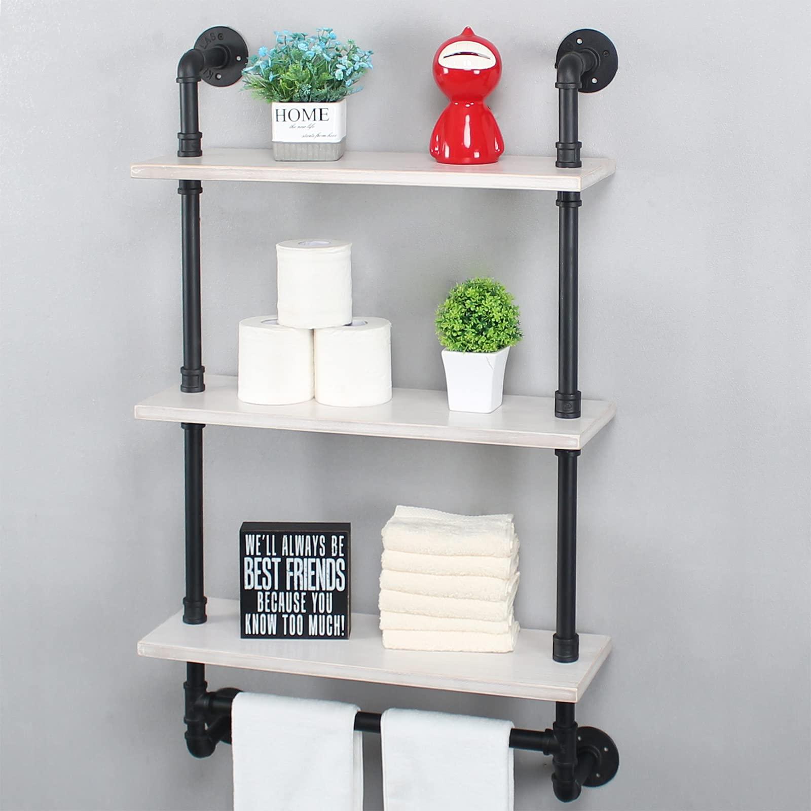 MBQQ Industrial Pipe Shelving,Iron Pipe Shelves Industrial Bathroom Shelves with Towel bar,24in Rustic Metal Pipe Floating Shelves Pipe Wall Shelf,3 Tier Industrial Shelf Wall Mounted,Black & White