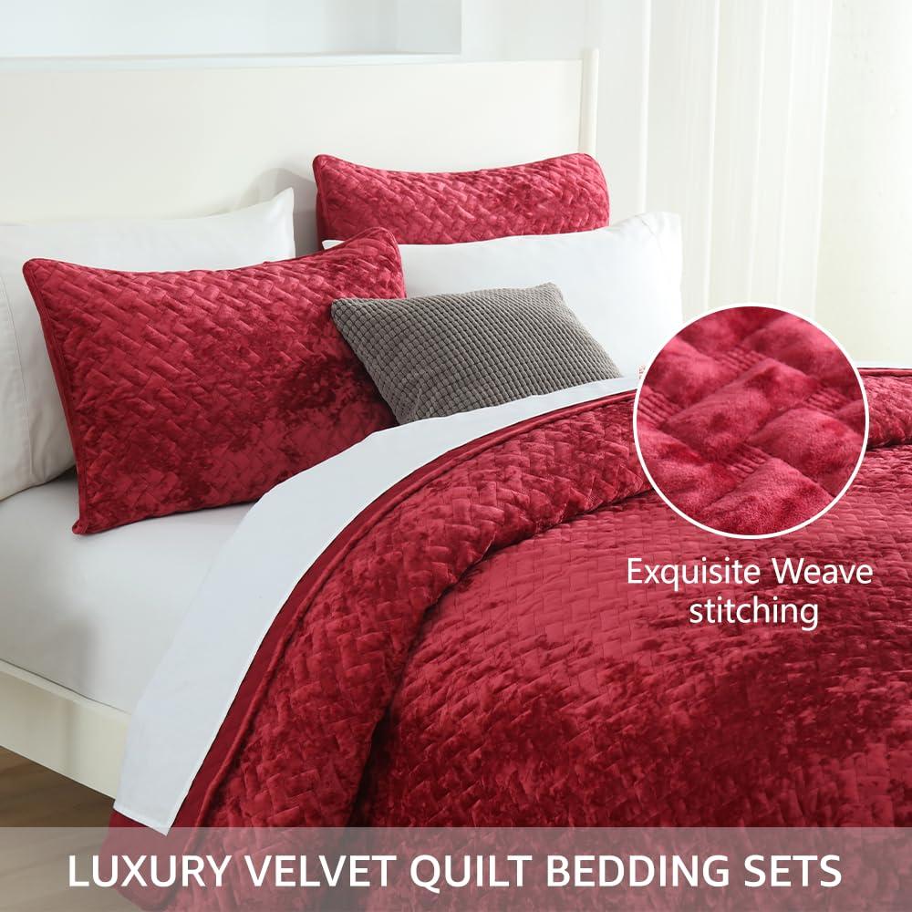 Liians Liians Velvet Bedspread Quilt Bedding Sets,Luxury Elegant Ultra Soft Velvet Comforters Coverlet Blankets,Weave Stitching Pattern Quilted Bedspread for All Seasons,Red,King Size