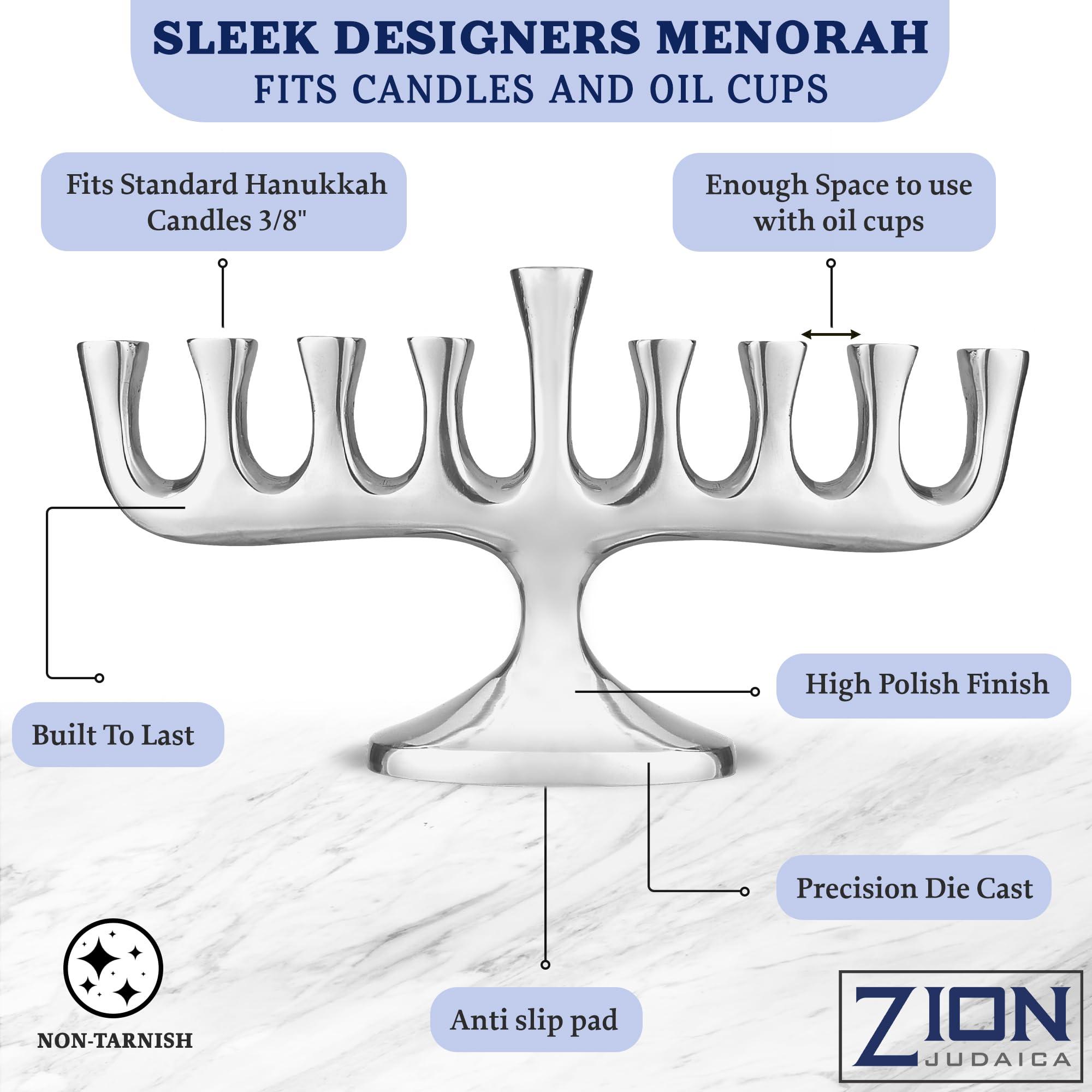 Zion Judaica Ltd Zion Judaica Stunning Sleek Designers Menorah for Hanukkah High Polished Traditional Candle and Oil Chanukiah Classic Chanukah Minorah