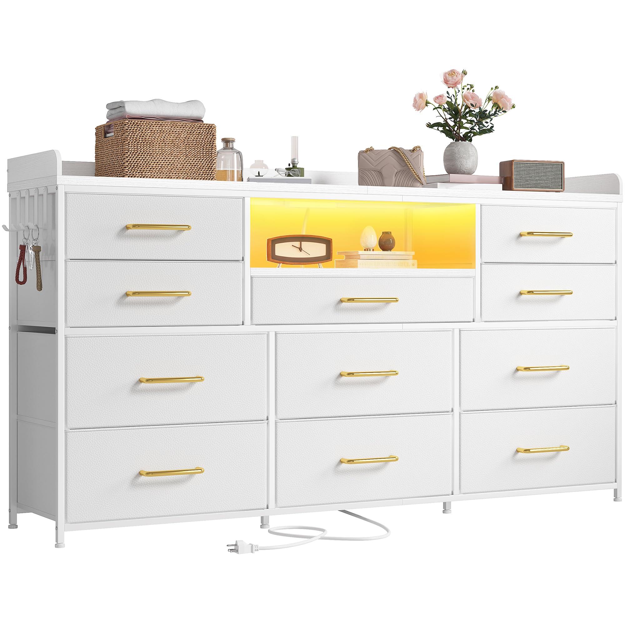 EnHomee EnHomee Dresser TV Stand with 11 Drawers for 60\" TV Stand for Bedroom with LED Lights & Power Outlets Long Dresser for Bedroom with Shelves & 4 Hooks Sturdy Metal Frame & Wood Top, White