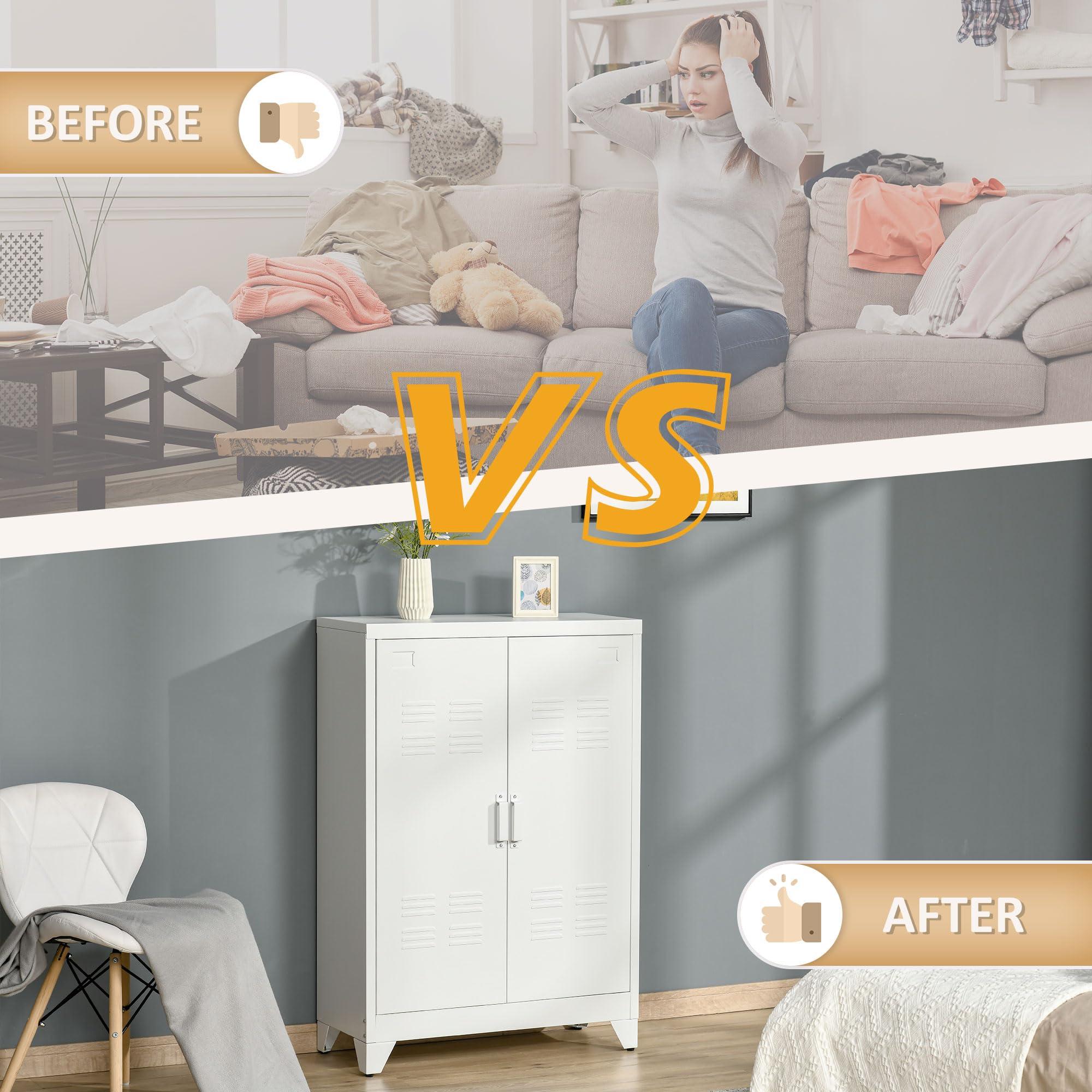 HOMCOM HOMCOM Industrial Storage Cabinet, Steel Garage Cabinet with Double Doors and Adjustable Shelves, White