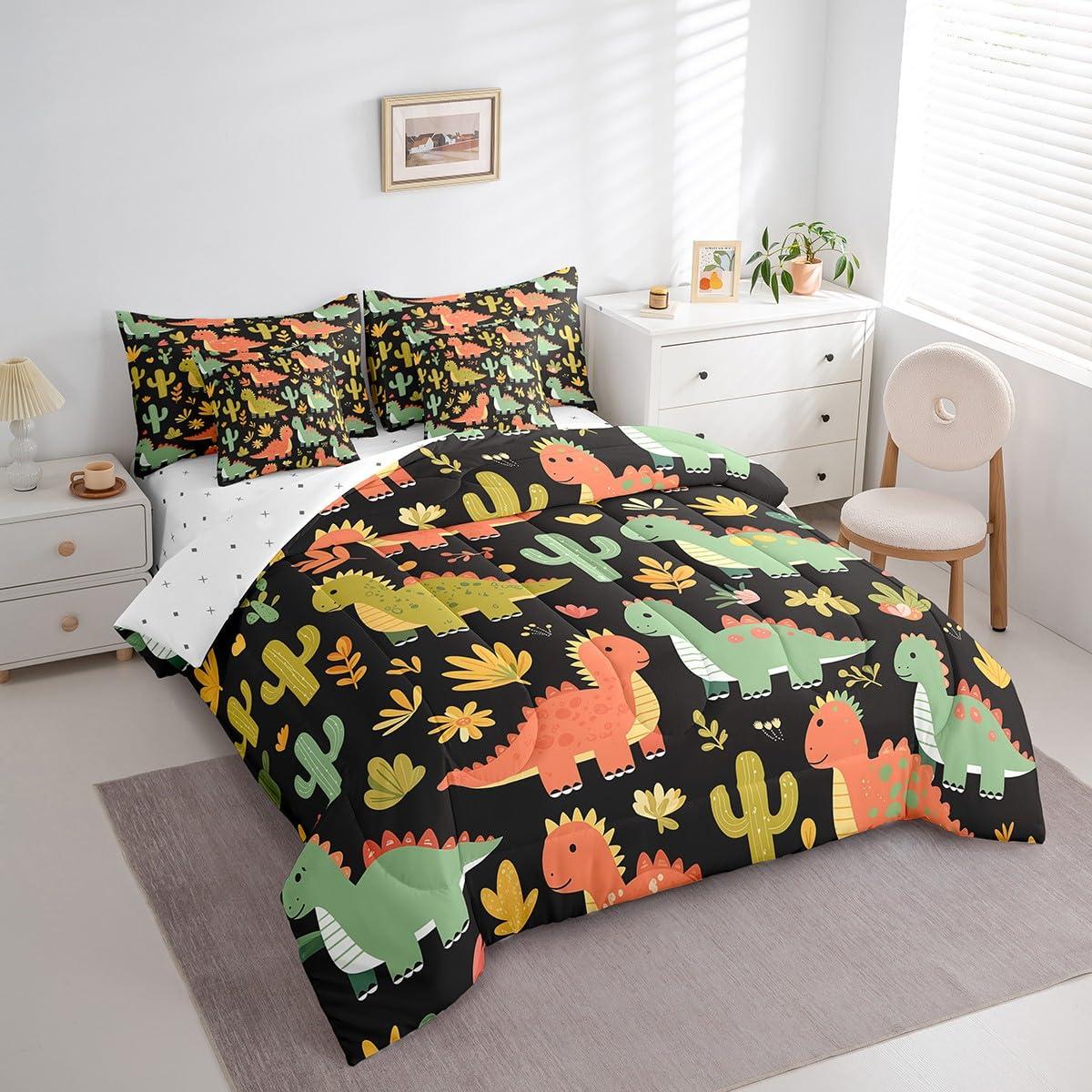 Feelyou Feelyou Kids Boys Dinosaur Comforter Set with Sheets Cute Dinosaur 7 Piece Bedding Set King Size for Kids Boys Girls Lovely Dinosaur Printed Bed in a Bag Green Dinosaur Bed Set