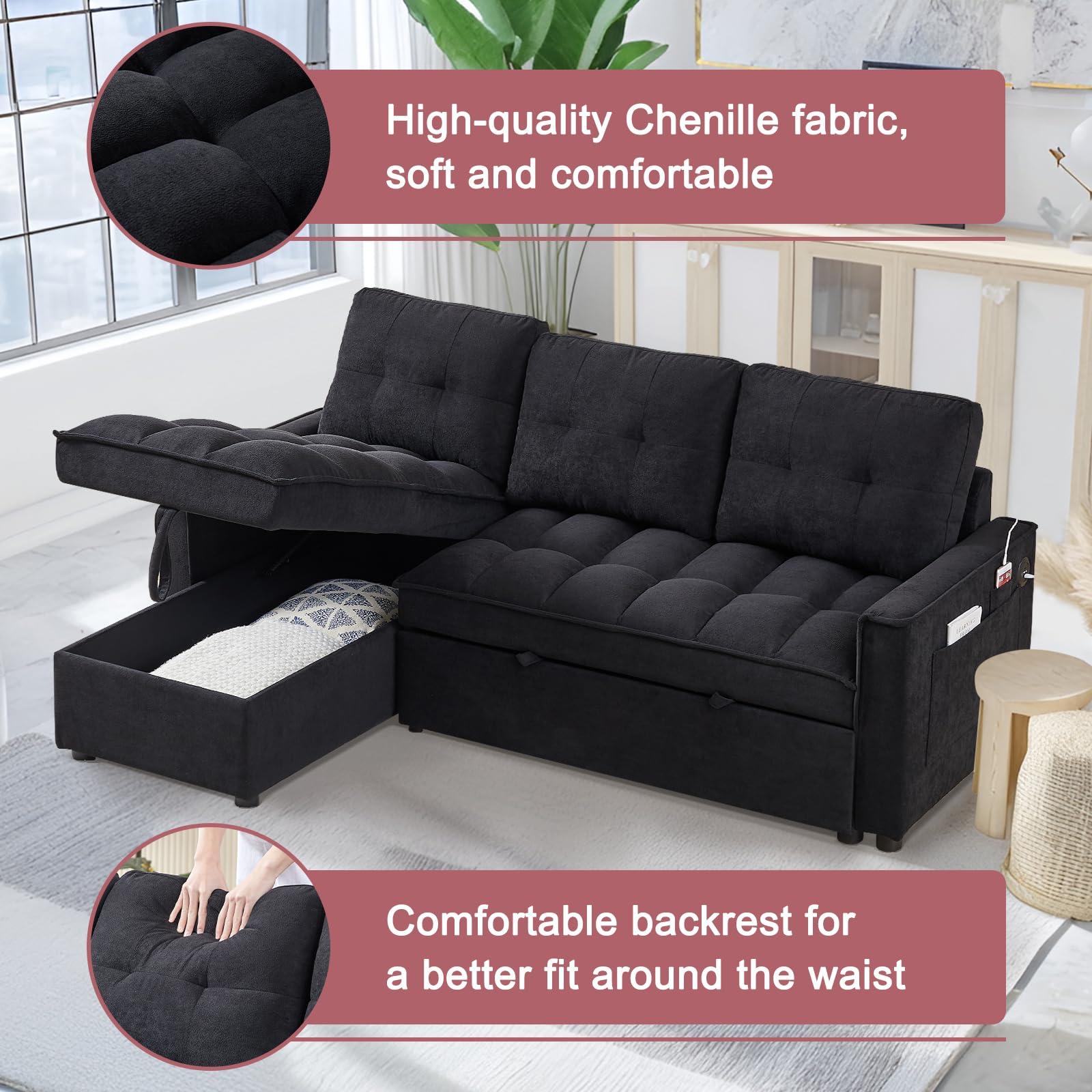 XUWANSHANG 78.75"L Shaped Sleeper Sofa Couch,Chenille Pull Out Couch,Reversible Sectional Sofa Bed with USB and Tape-c,Sleeper Sectional Sofa with Side Pockets,4 in 1 Pull-Out Sofa bed for Living Room (Black)