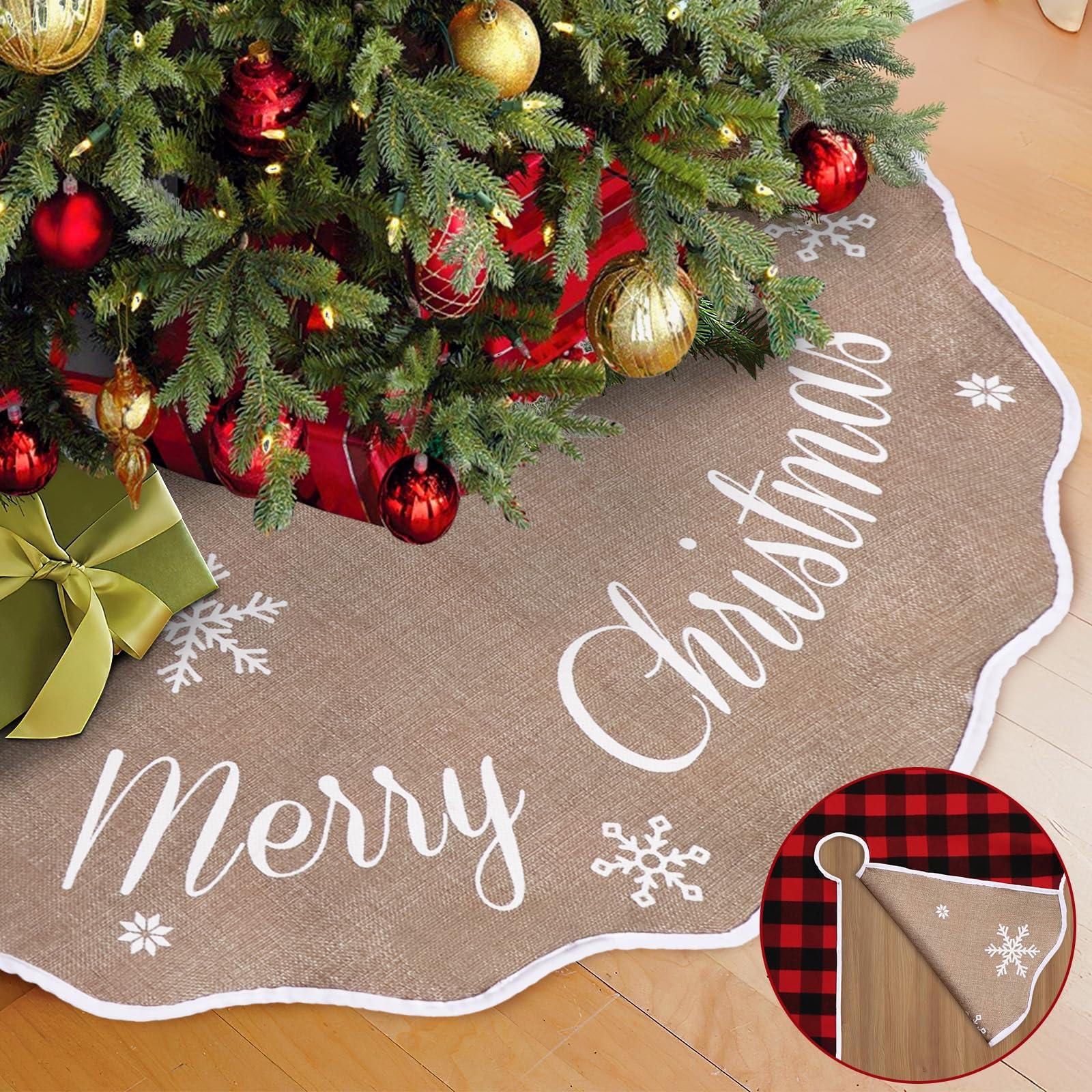 OurWarm OurWarm Christmas Tree Skirt 36 Inch, Buffalo Plaid Red Tree Skirt for 6ft Tree & 4ft Tree, Double Sided Burlap Tree Skirt Snowflake Xmas Tree Skirts for Pencil Tree Boho Rustic Farmhouse Decor