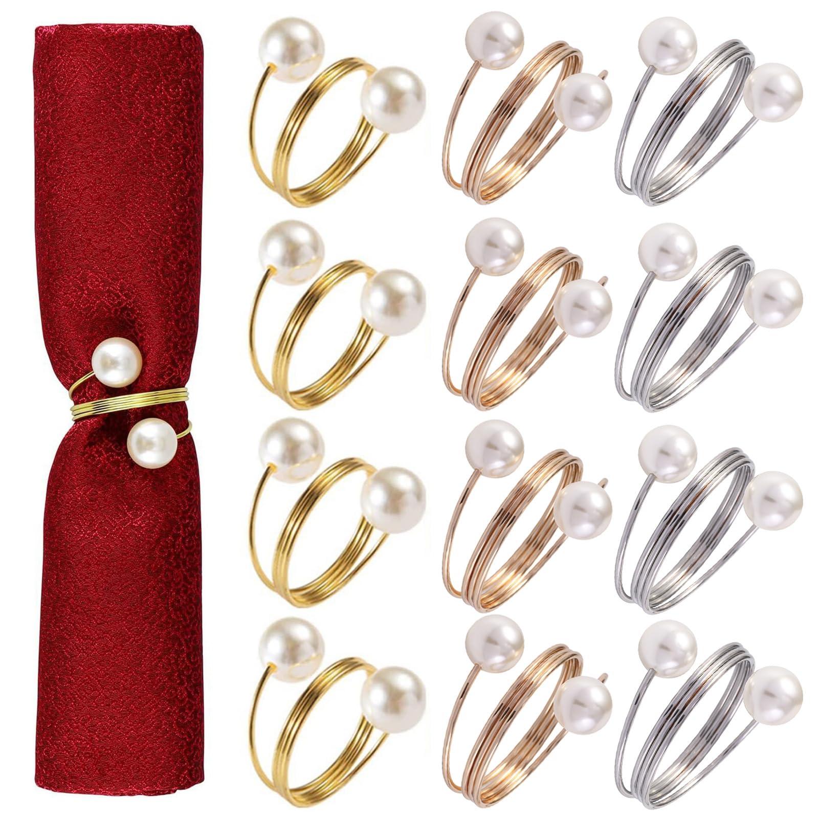 lamphle lamphle 12/20Pcs Faux Pearl Napkin Rings Set,Stainless Steel Gold Napkin Ring Buckles Metal Spring Napkin Holder Wedding Birthday Table Decoration Rose Gold 12pcs