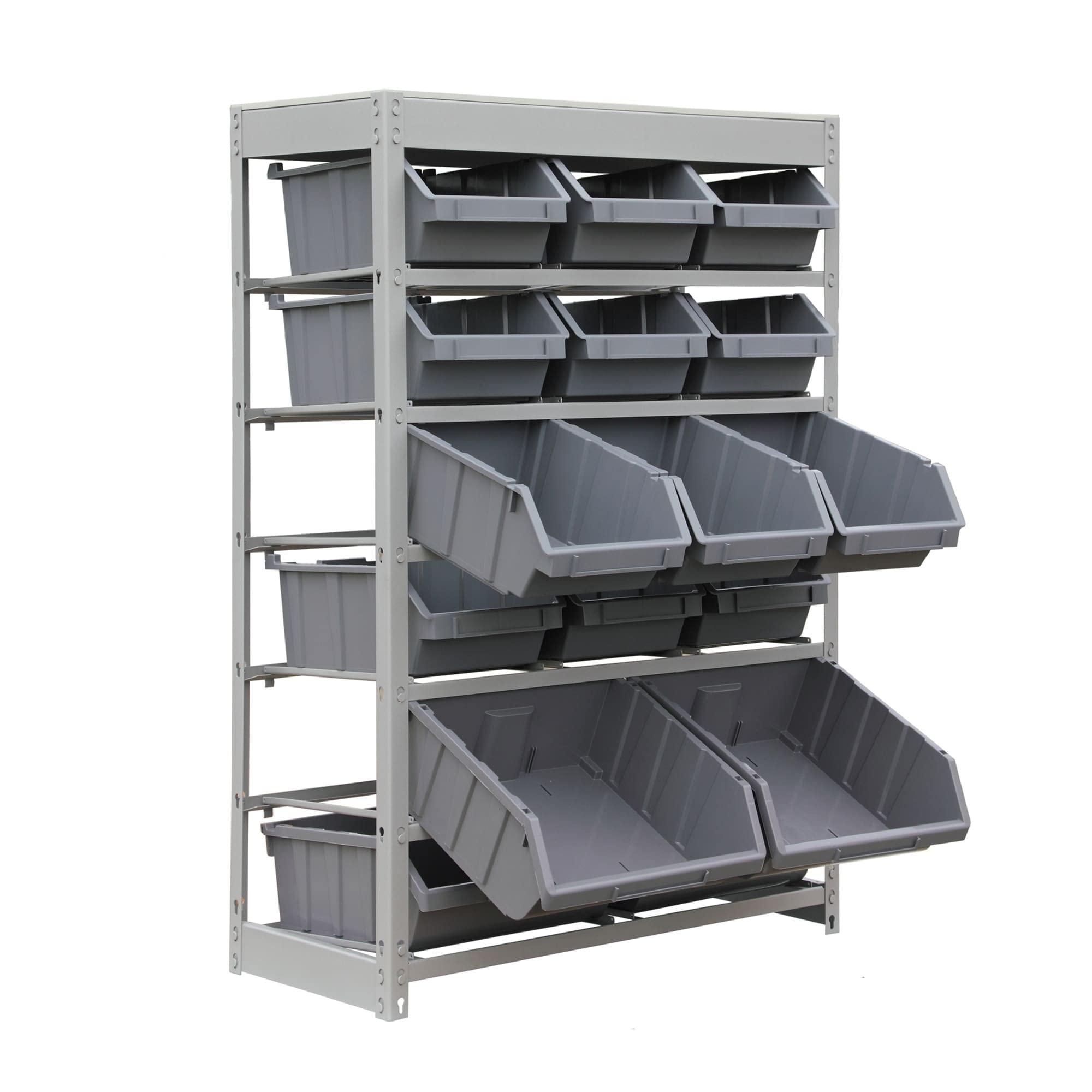 HomeLoft Basics Rack Bin Storage System Heavy Duty Steel Organizer Shelving Unit W/ 16 Plastic Bins in 6 Tiers. Grey Metal