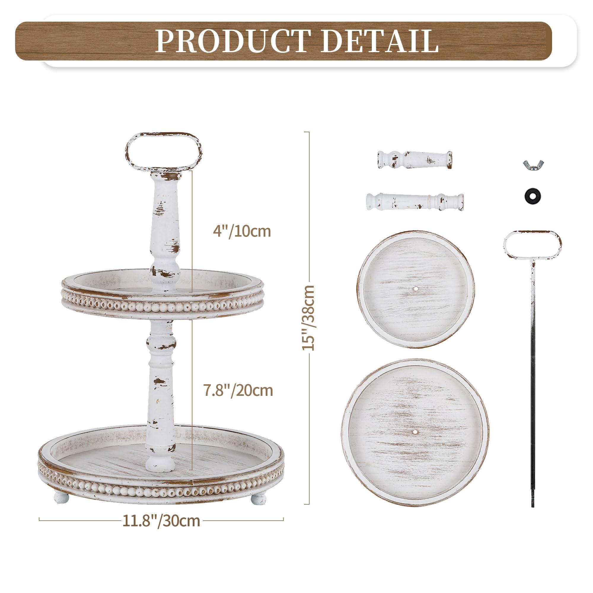 Hanobe Hanobe Two Tiered Tray Stand: Farmhouse 2 Tier Decorative Tray White Round Wooden Serving Tray Rustic Coffee Table Centerpieces Living Room Kitchen Home Decor Fall Halloween for Mom.