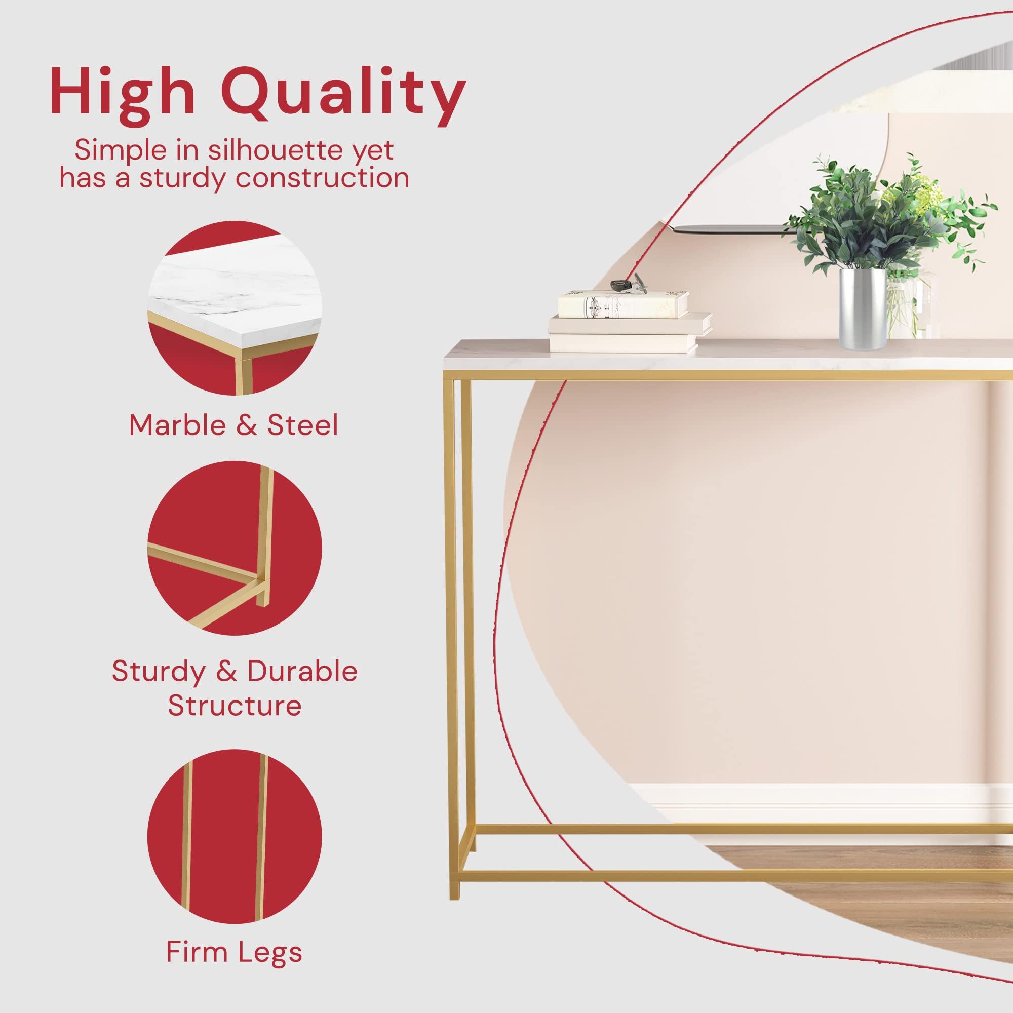 Safdie Safdie & Co. - Marble White Console Tables for Entryway, Gold Metal Console Table, Use As Doorway Table, Narrow Bar Table, or Accent Furniture for Decorating Foyer, 31 x 12 x 28 inches