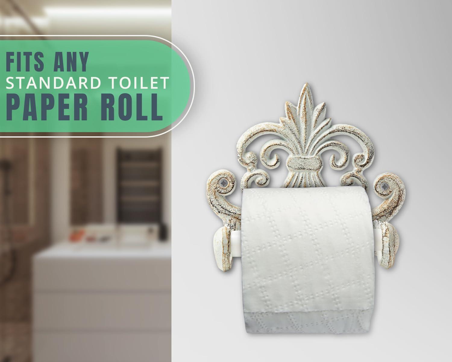 Comfify Decorative Cast Iron Fleur De Lis Toilet Paper Roll Holder - Wall Mounted, Antique White, Vintage Rustic Design - Bathroom Accessory with Easy Installation - Included Screws and Anchors