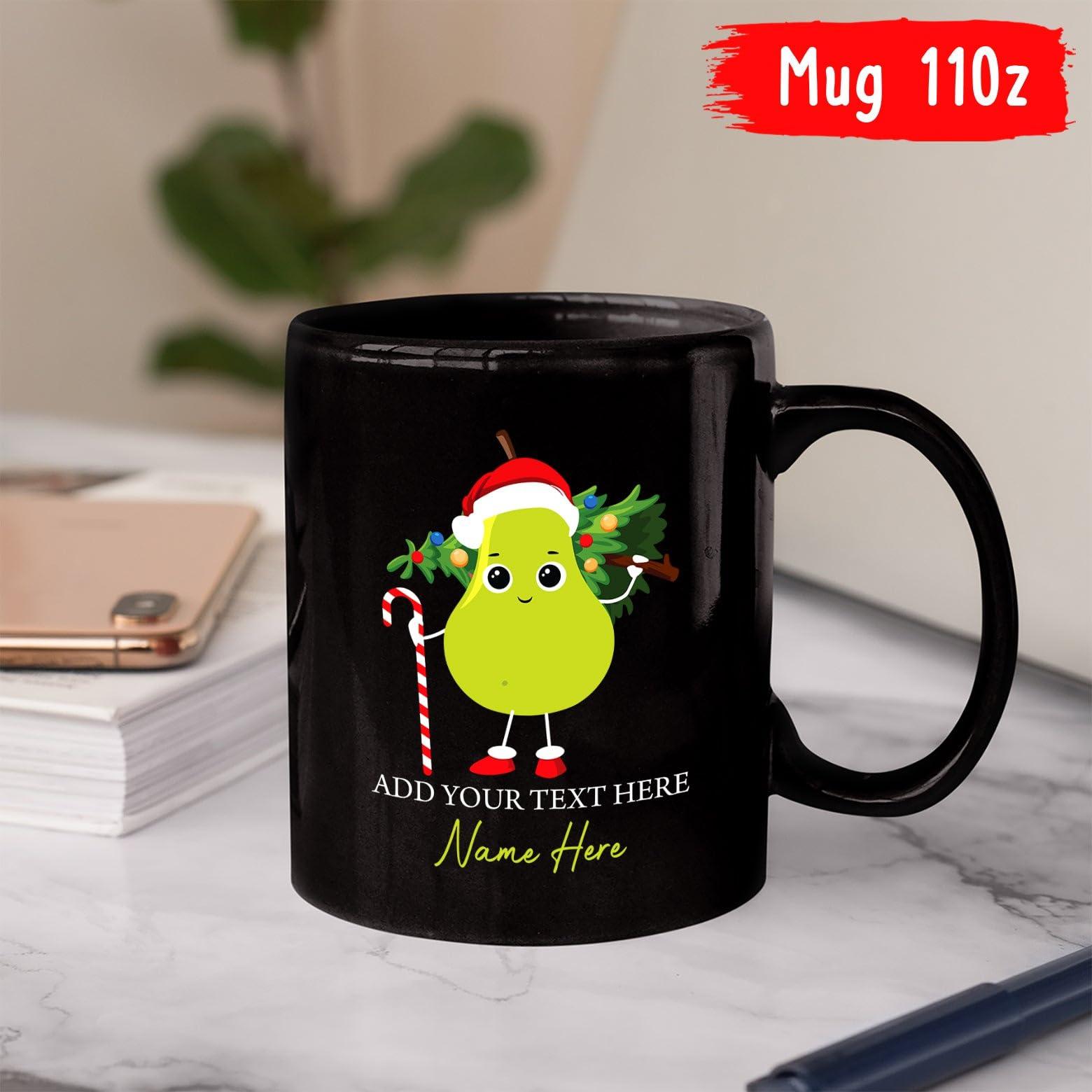 Yanria Custom Christmas Mug, Pear Santa Coffee Mug, Cute Pear Christmas Tree Cup, Personalized Merry Xmas Ceramic Mug Gifts For Pear Fruit Lovers, Customized Pear Mug With Name, Black Cup 11oz 15oz