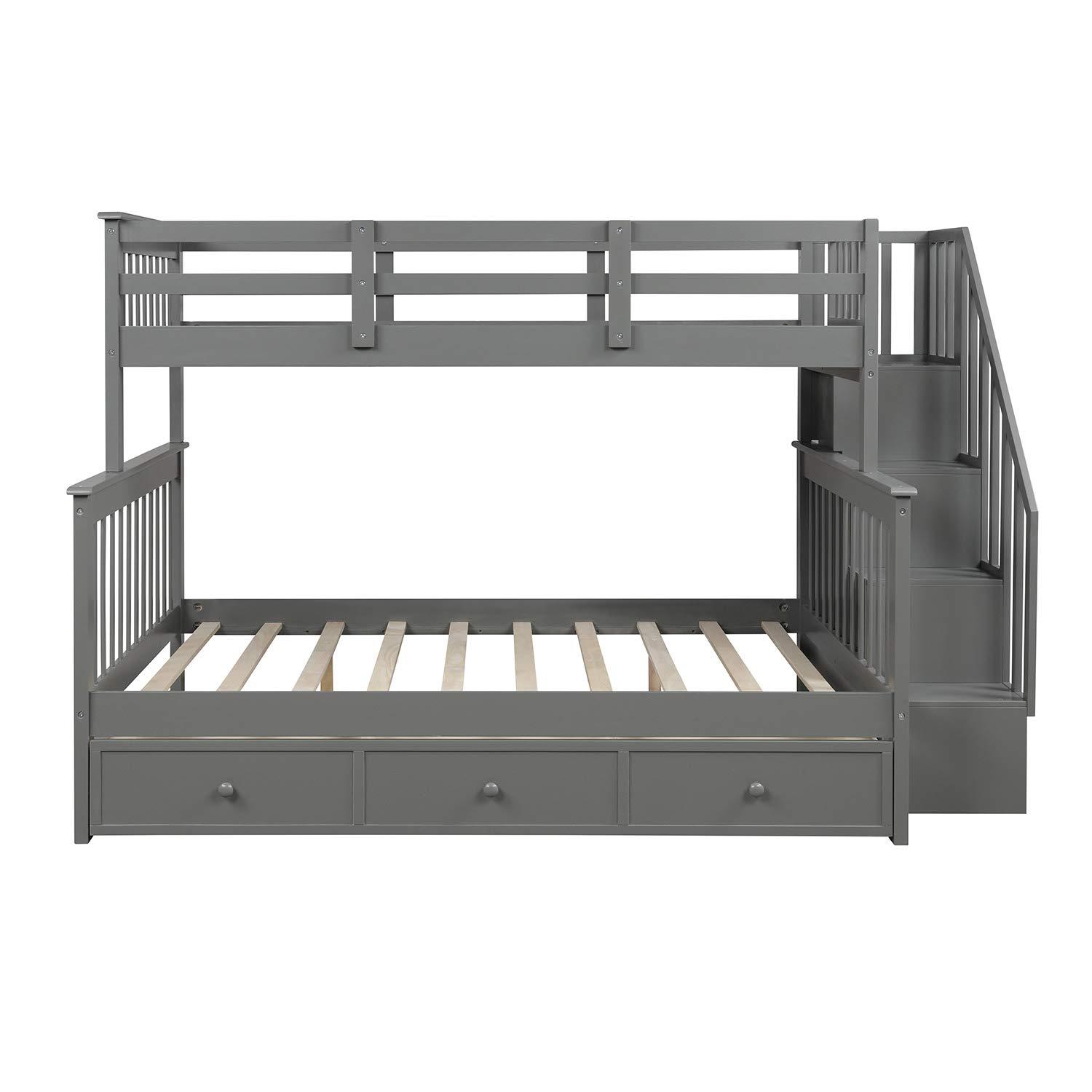 RUNNA Stairway Bunk Bed with 3 Drawers, Solid Wood Twin Over Full Bunk Bed with Storage Shelf and Guard Rail for Kids/Adults, Can be Divided Into Two Individual Beds, No Box Spring Needed (Gray)