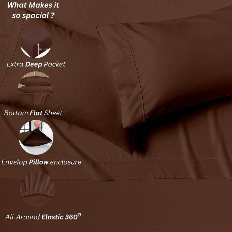 Sticky cotton 4 Piece Premium Sheet Set Cotton Twin-XXL, 100% Egyptian Cotton, 400 Thread Count, 12 Inch Deep Pocket of Cotton Sheets, Chocolate Solid