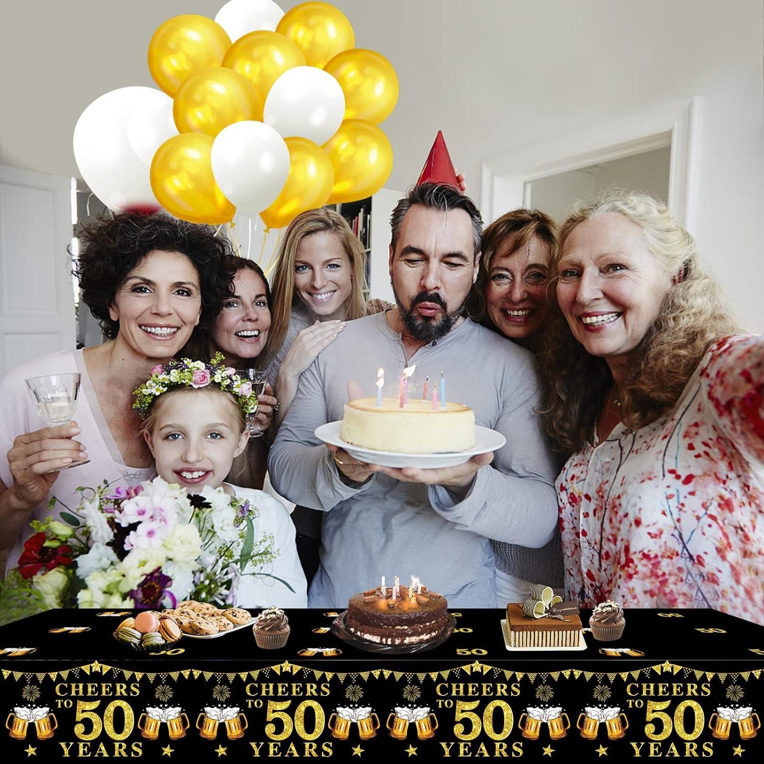 Turypaty Turypaty Black Gold 50th Birthday I Am 49+1 Banner Backdrop Tablecloth Decorations for Men Women, Cheers to 50 Years Table Cover Party Supplies