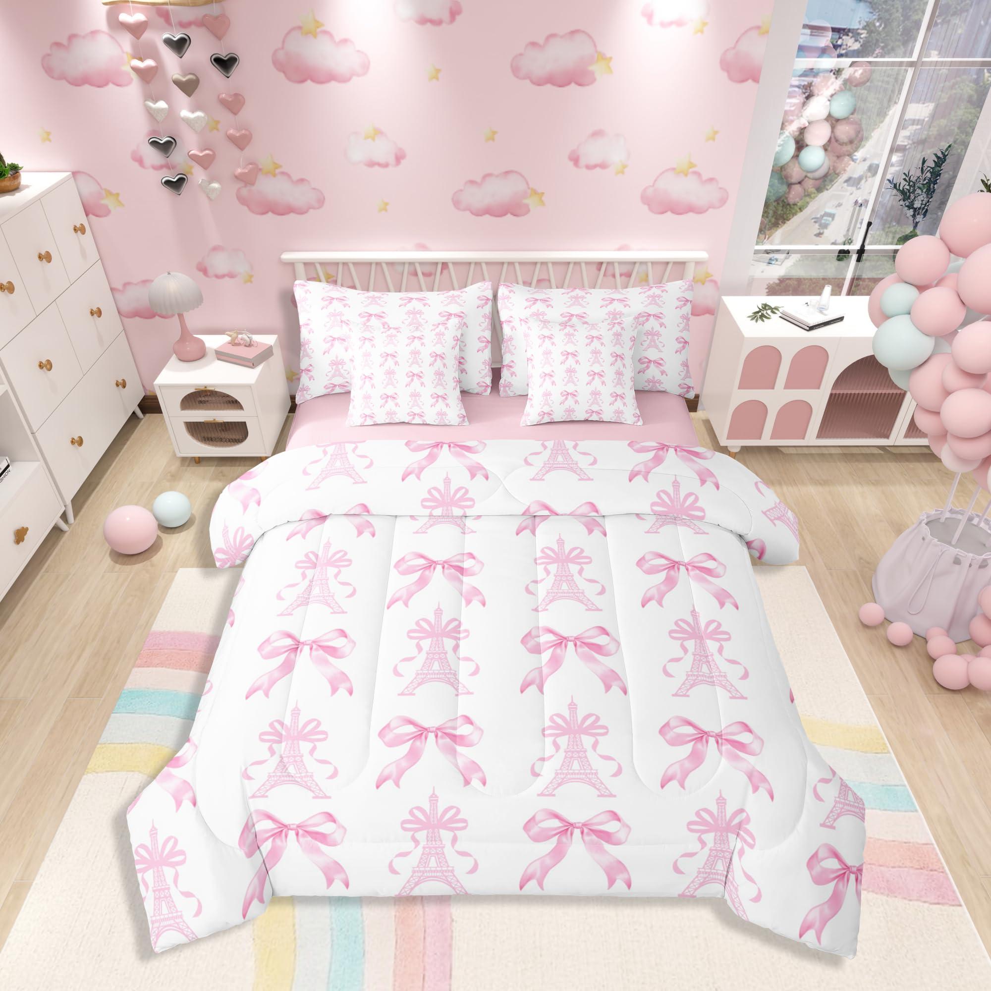 Manfei 7 Pcs Princess Crown Comforter Set,Geometric Pink Plaids Patchwork Bedding Set,Kawaii Bowknot Fairy Tale Bow-tie Fantasy Bed Set(Comforter+Fitted+Flat Sheet+Pillowcases+Pillow Covers),Queen