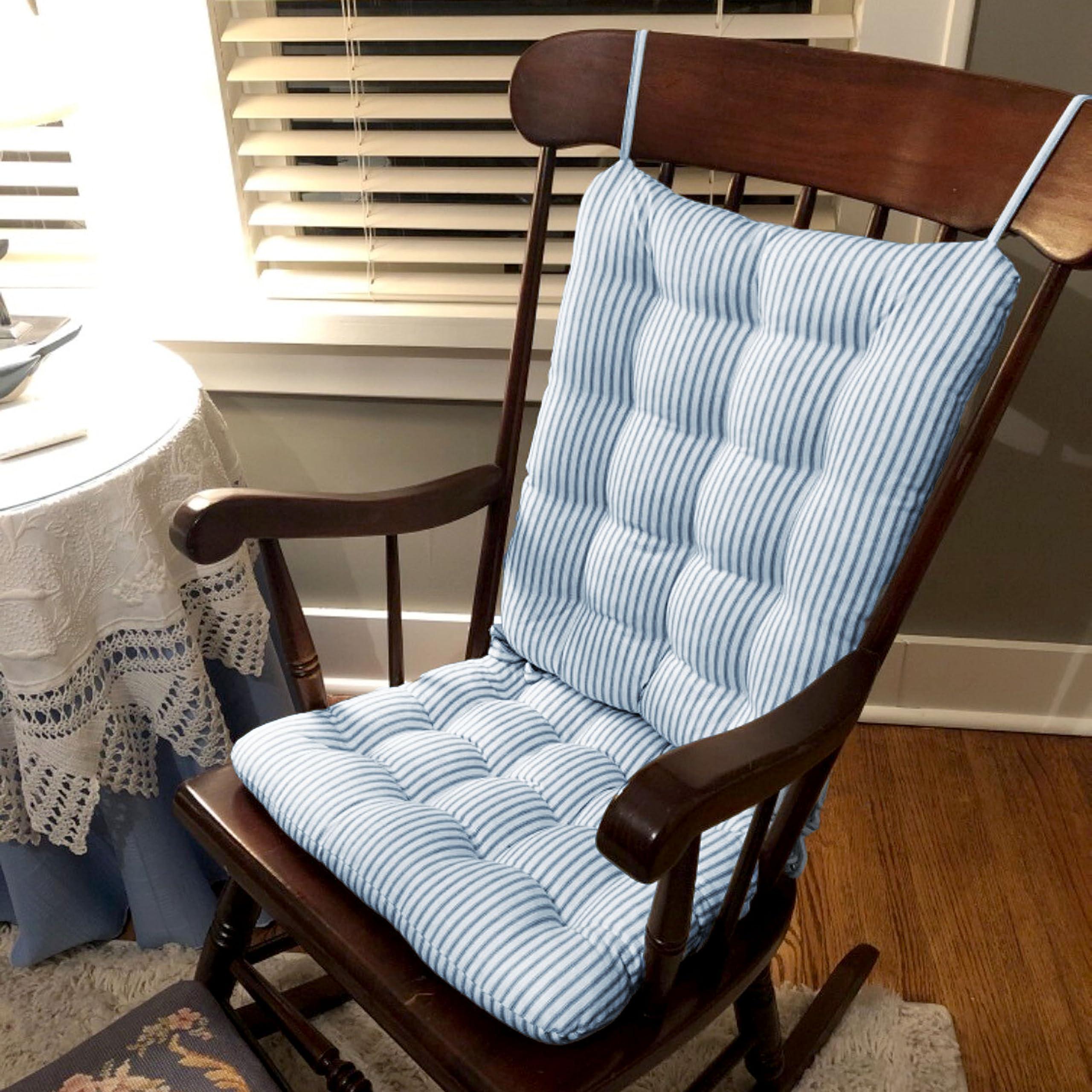 Barnett Home Decor Barnett Home Decor Ticking Stripe Blue Rocking Chair Cushions - Extra-Large - Seat Pad and Back Rest with Ties- Reversible, Latex Foam Fill - Made in USA (Presidential XL, Dark Blue)