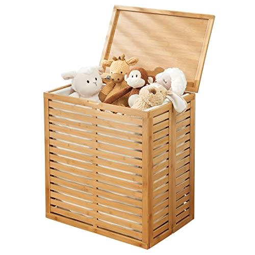 mDesign mDesign Bamboo Wood Foldable Laundry Basket Storage Organizer w/Removable Fabric Liner, Lid, Collapsible Laundry Hamper for Laundry Room, Bathroom, Bedroom, Holds Clothes - Echo Collection - Natural