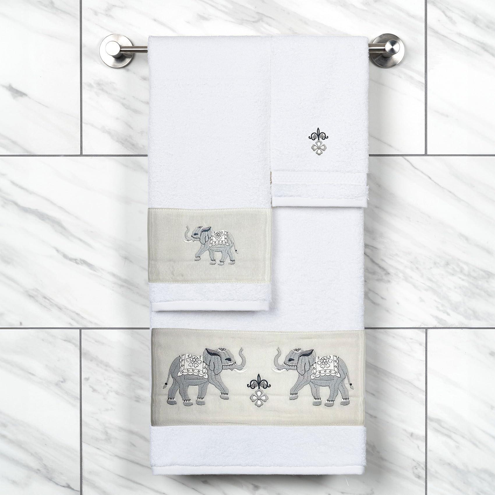 KHALPERA KHALPERA Elephant Duo Embellished Towels-White-1 Pc Bath 2 Pcs Hand Towel