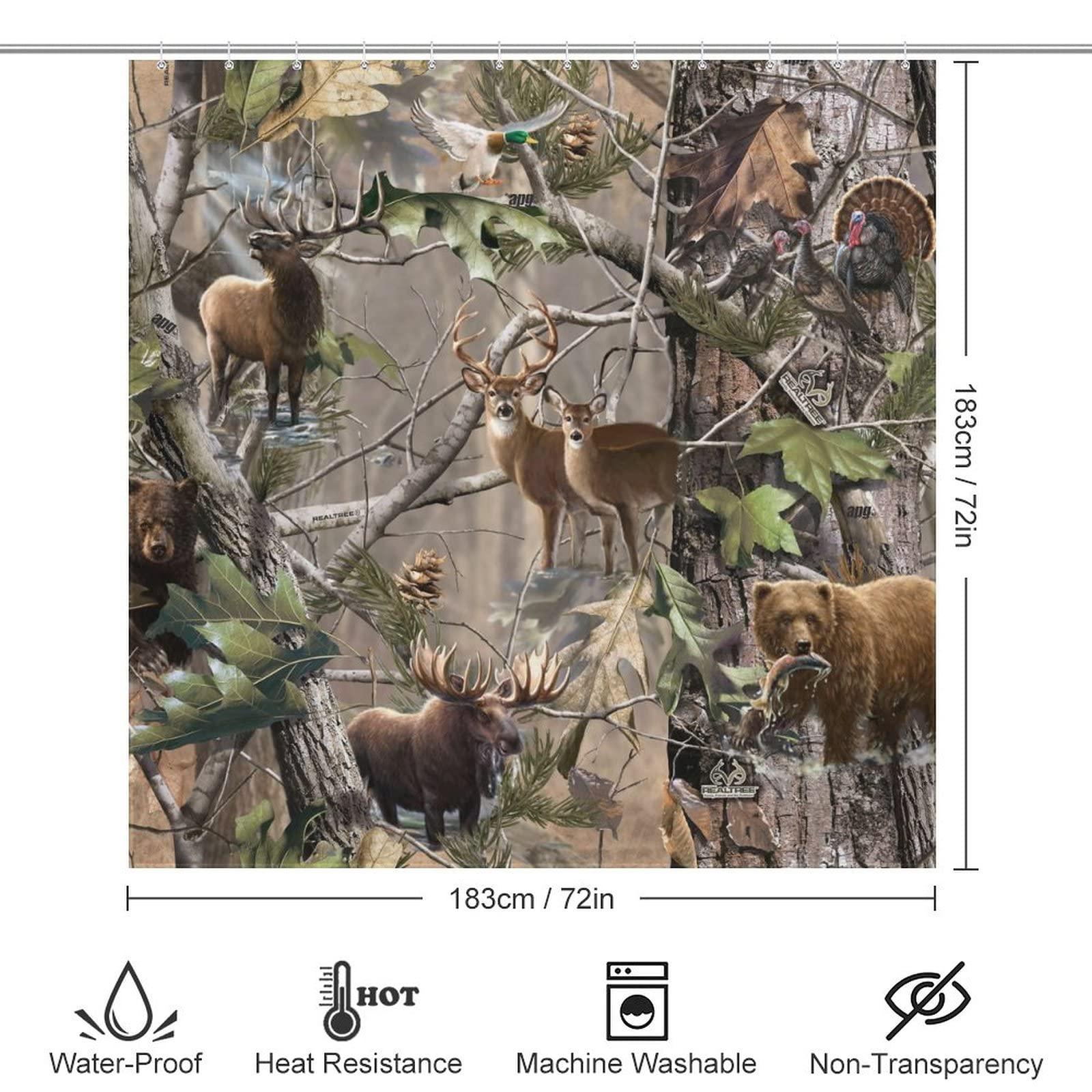 XKAWPC Camo Deer Camouflage Hunting Shower Curtain with Hooks Fabric Cloth Decor Bath Curtains for Bathroom Apartment 72x72Inch (183x183cm)