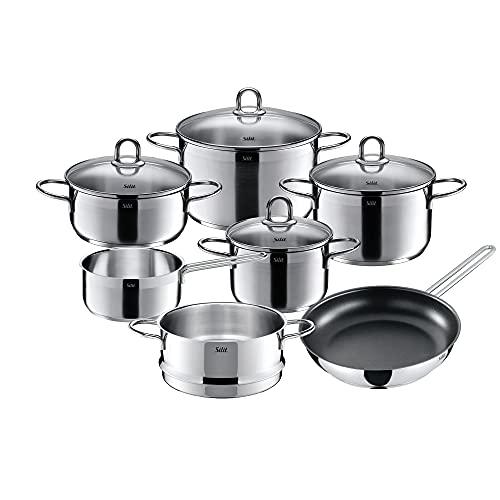 Silit Silit Pot Set 7-Piece Diamant Pouring Rim Glass Lid Stainless Steel Polished Suitable for Induction Hobs Dishwasher-Safe