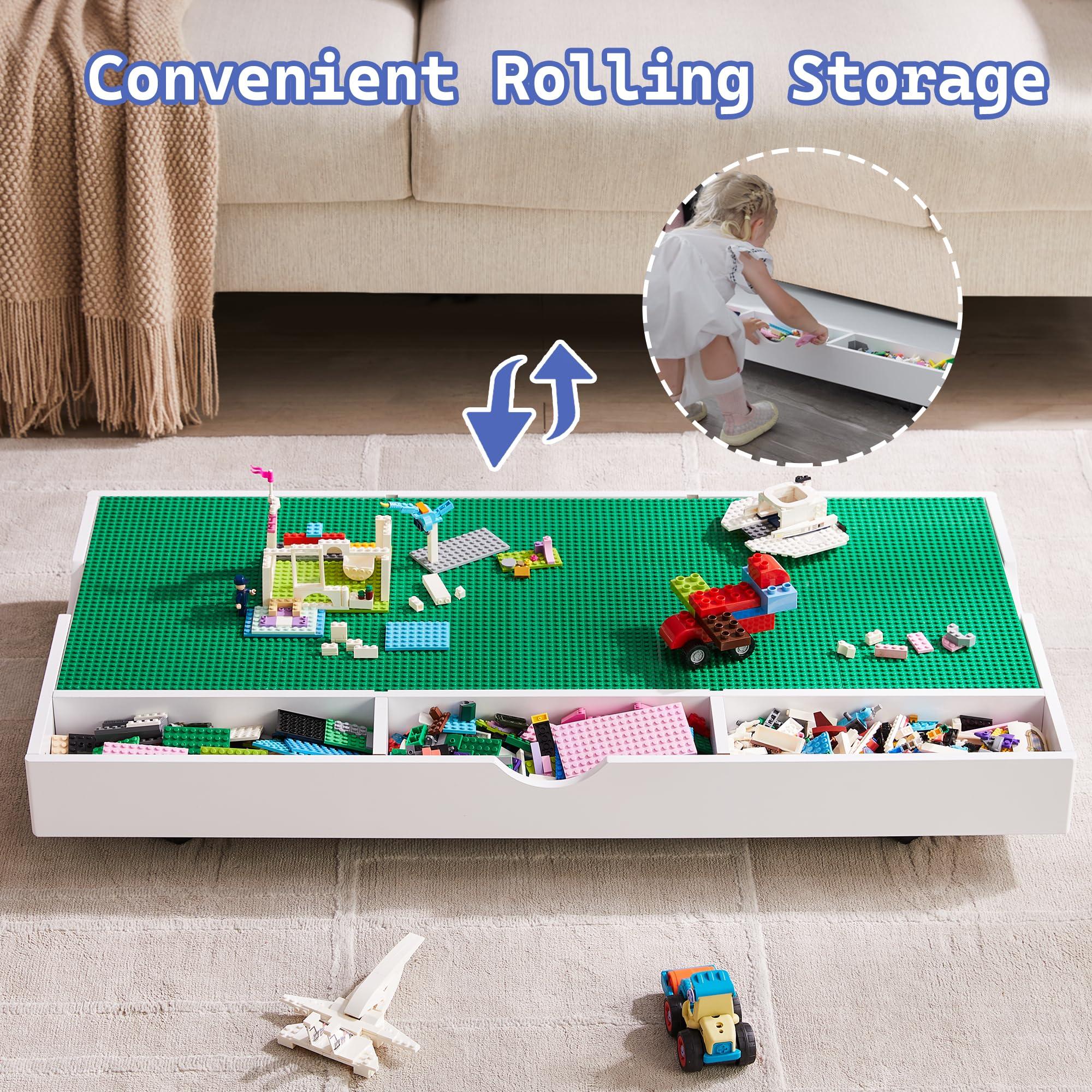 GABHX 2 in 1 Construction Play Table Compatible with Lego, Game Table with Block Board and Train Car, Rolling Game Table with Locking Wheels and Storage Space, Suitable for Storing Under Bed or Sofa (White)