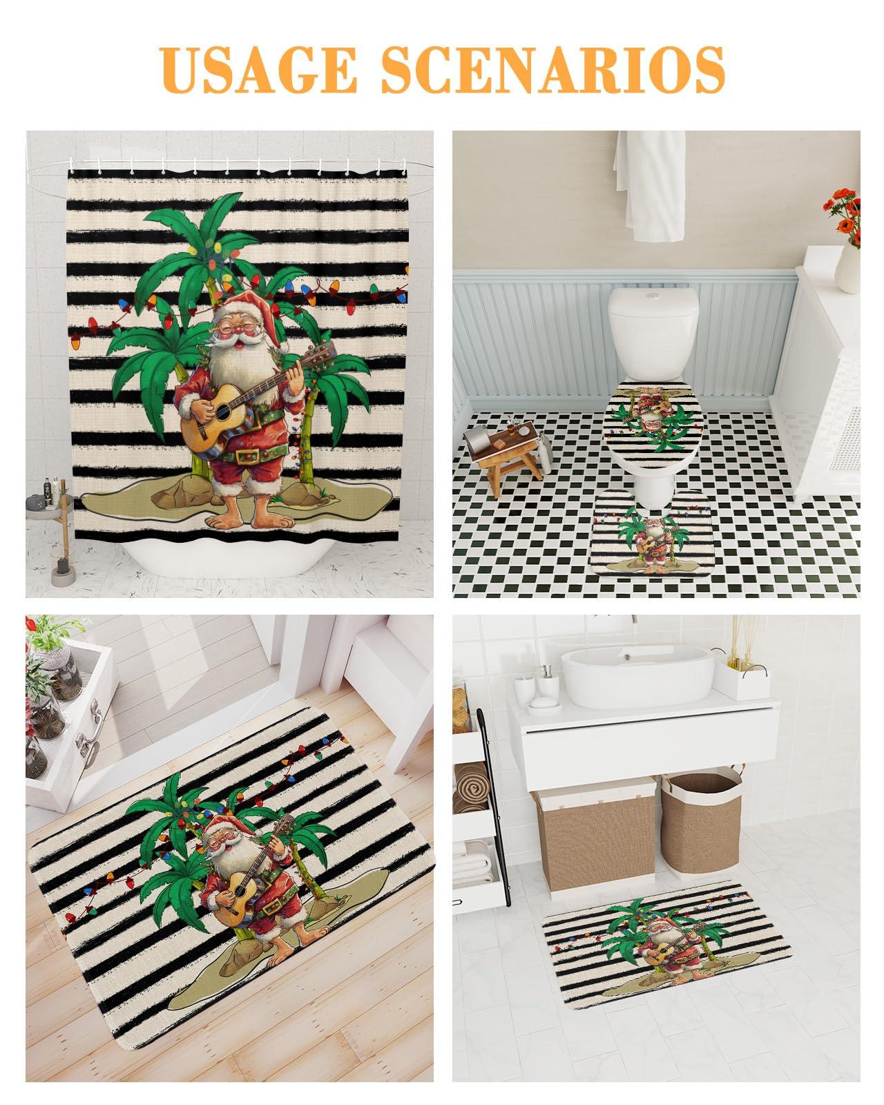 ZOE GARDEN Tropical Christmas Bathroom Set with Shower Curtain Rug Accessories - 72x72 Inches Long Bathtub Curtain with Small Bath Mat,Washable Bathtub Floor Runner Rug Set,Hooks Santa Palm Tree Black Stripe