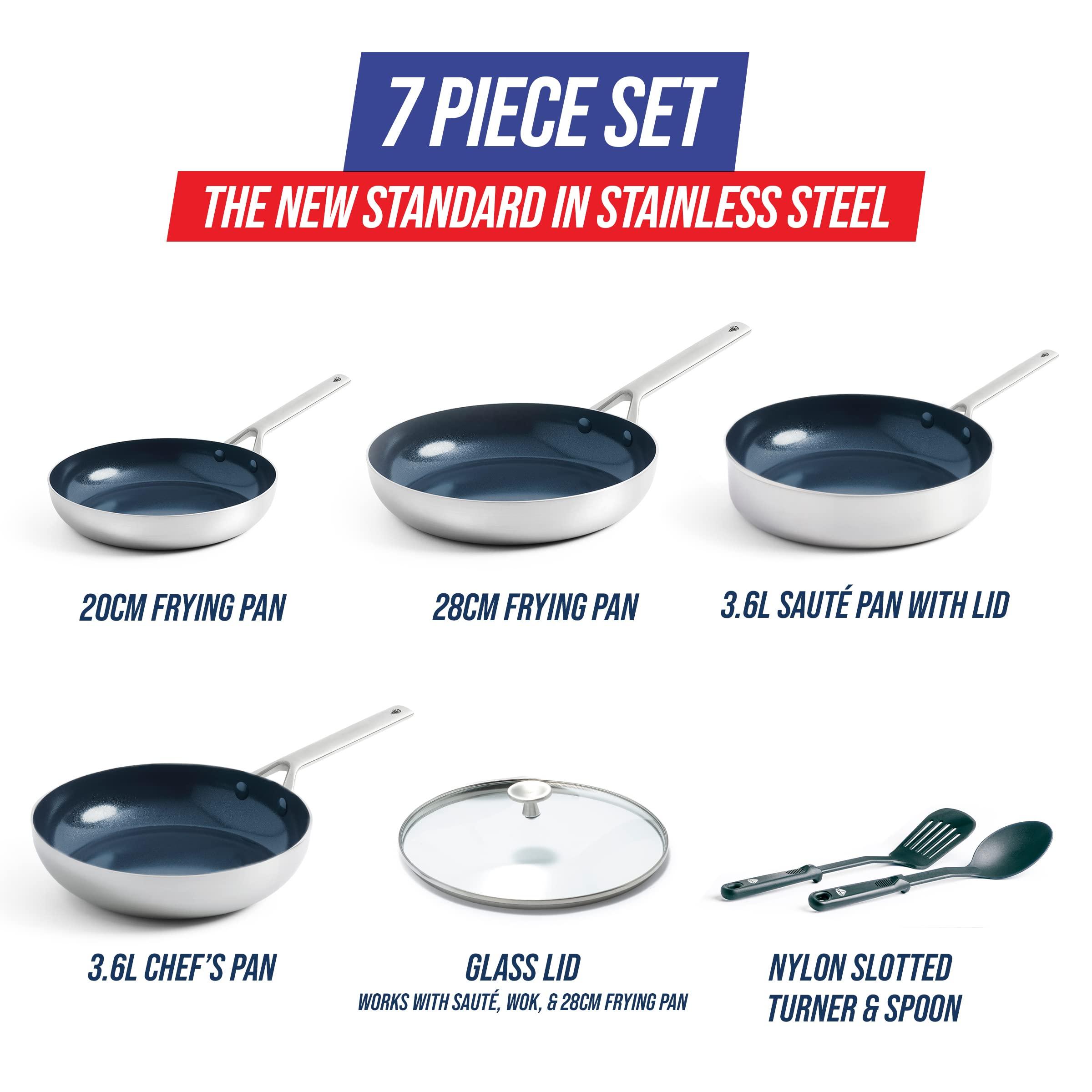 Blue Diamond Blue Diamond Cookware Tri-Ply Stainless Steel Ceramic Nonstick, 7 Piece Cookware Pots and Pans Set, PFAS-Free, Multi Clad, Induction, Dishwasher Safe, Oven Safe, Silver