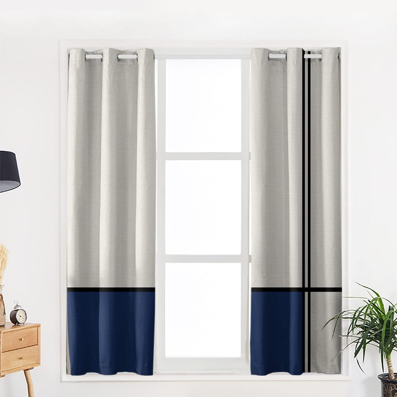 Tersuger Blackout Curtains 90 inches Long 2 Panels Set, Abstract Gemoetric Art Navy Blue Color Block Room Darkening Curtains Grommet Thermal Insulated Window Drapes for Living Room Bedroom Decor
