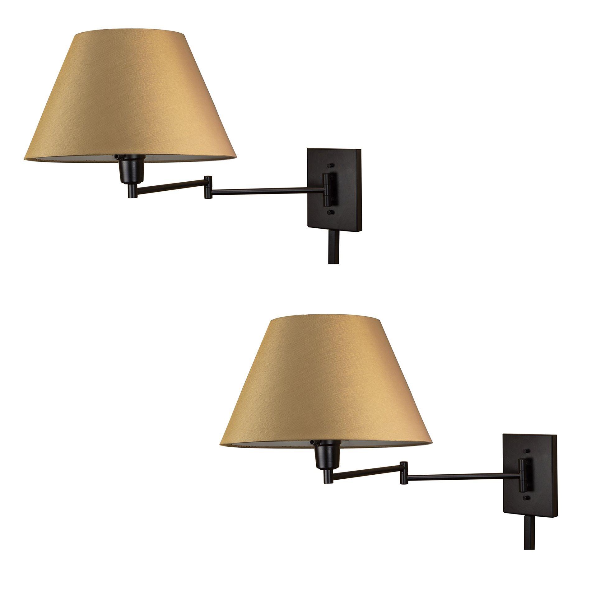 Kira Home Kira Home Cambridge 13\" Swing Arm Wall Lamp - Plug in/Wall Mount + Golden Bronze Fabric Shade, 150W 3-Way, Black Finish, 2-Pack