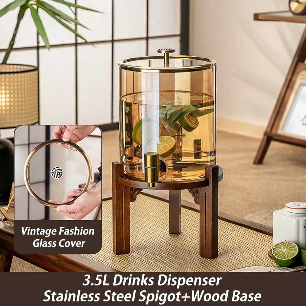 CAKERS CAKERS Large Capacity Beverage Dispenser|Water Dispenser With Leak-Free Spigot|Wide Mouth Easy Filling Juice Dispenser|Glass Drinks Dispenser For Juice,Beer,Punch,Iced Tea,Amber Color 3.5L,Wood Base