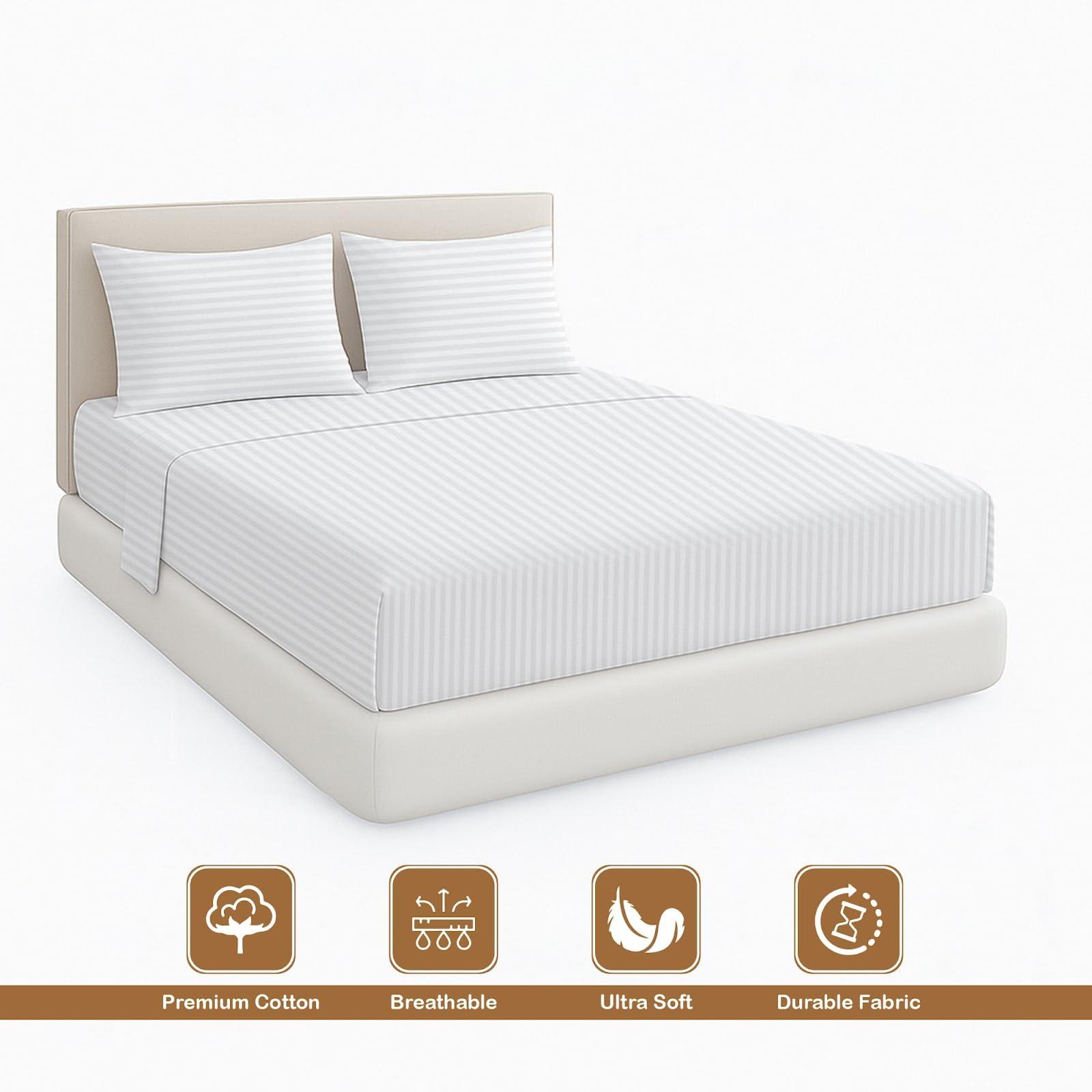 ARlinen Waterbed Sheets Super Single Size 600 Thread Count 100% Cotton 15 Inches -Deep Pockets- Attached Waterbed Sheet Set- 4 Piece - Hotel Luxury Bed - Extra Soft -White Stripe Bed Sheets -Super Single