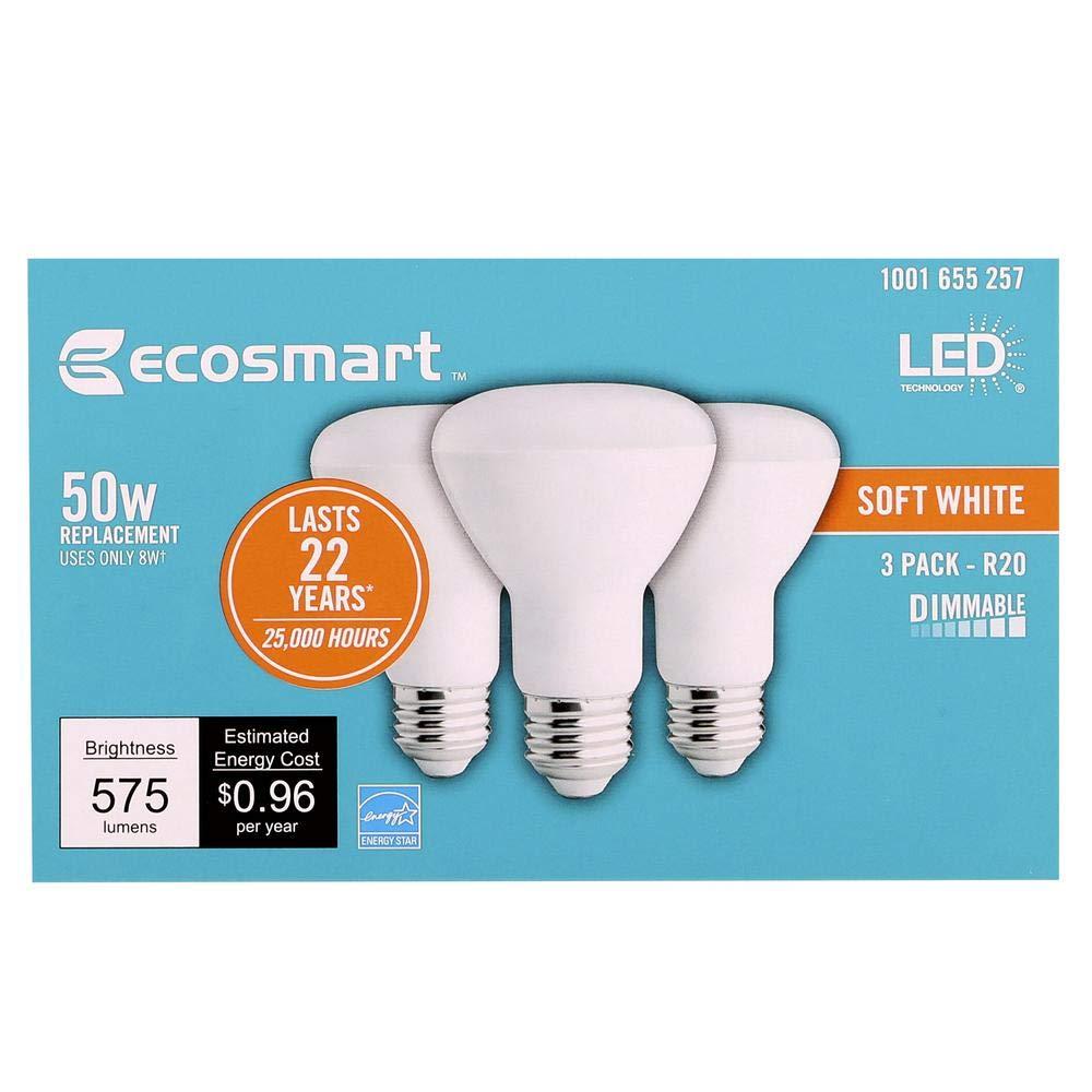 EcoSmart (3-pack) EcoSmart BR20 Soft White LED, Dimmable, 575-Lumen, 2700K, 8-Watt (50-Watt Equivalent) Light Bulb, E26 Medium Base