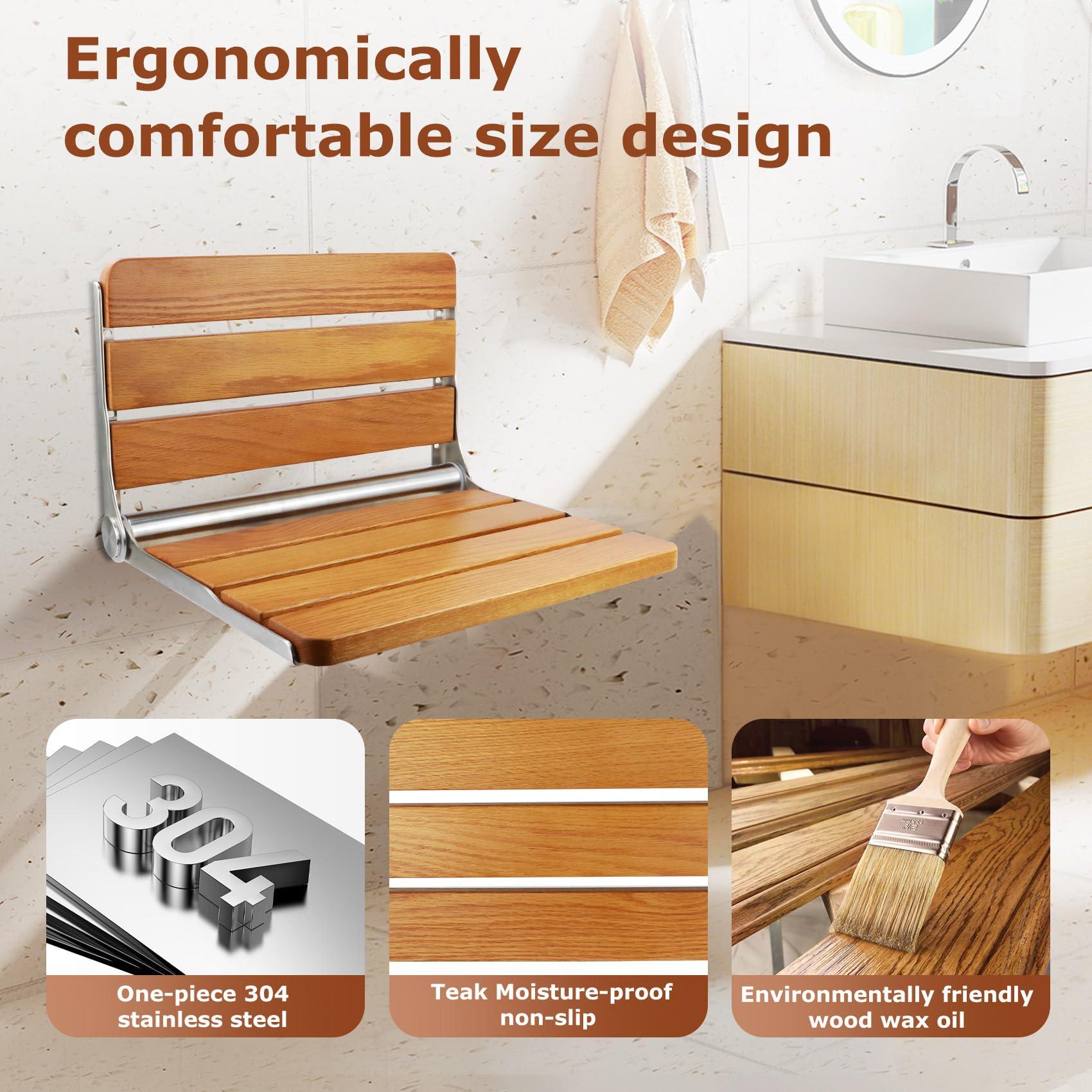 Flngr Folding Teak Shower Seat Wall Mounted,Fold Down Shower Seat,Foldable Shower Bench,Home Care Teak Shower Seat Bench for Inside Shower,Folding Shower Seat Bench,Wall Mount Shower Seat for Christmas